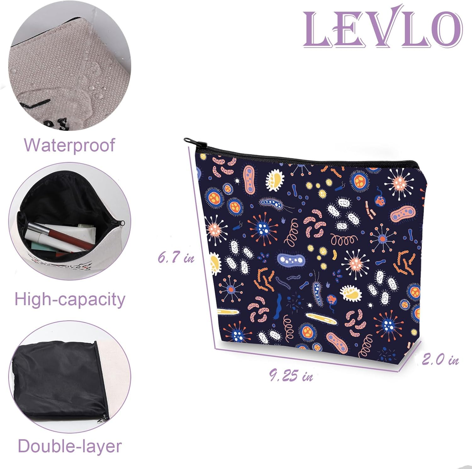 LEVLO Microbiology Bacteria Makeup Bag Science Art Biologist Reusable Book Cosmetic Bag Gift for Teacher, Microbiology, Daily image number 3