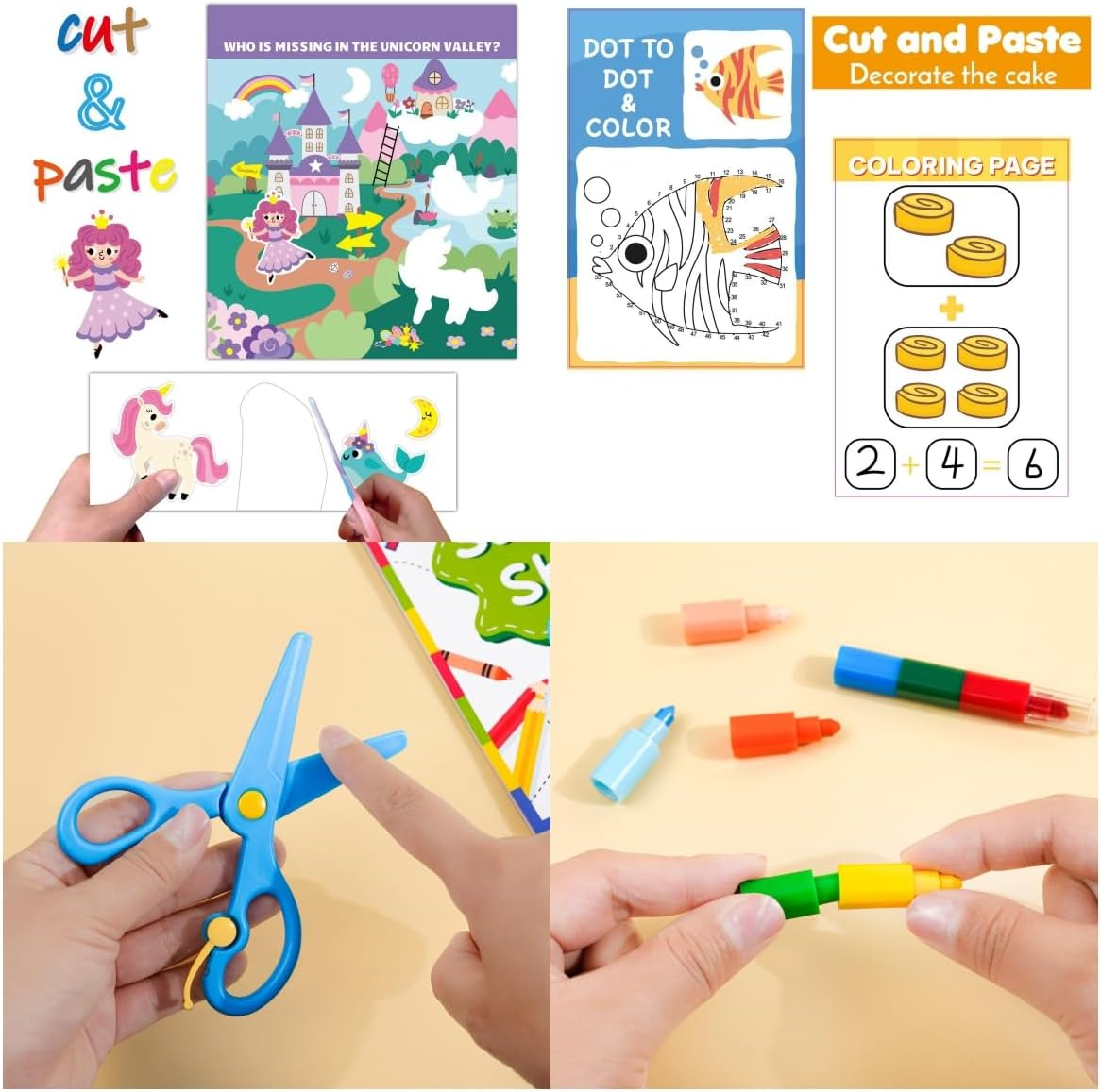 EUV Toddler Scissor Skills Activity Book for Kids a Cutting Practice Preschool Workbook Safety Scissors,Learn to Cut Lines, Shapes, Fruits, Animals,Birthday Gifts for Boys & Girls