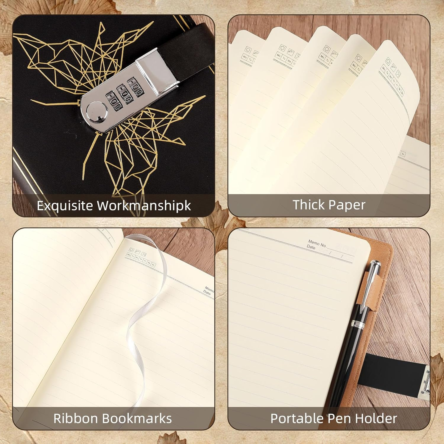 Literary Vintage Locking Leather Notebook,Beautiful Butterfly Pattern Compass, A5 Notebook for Women and Men