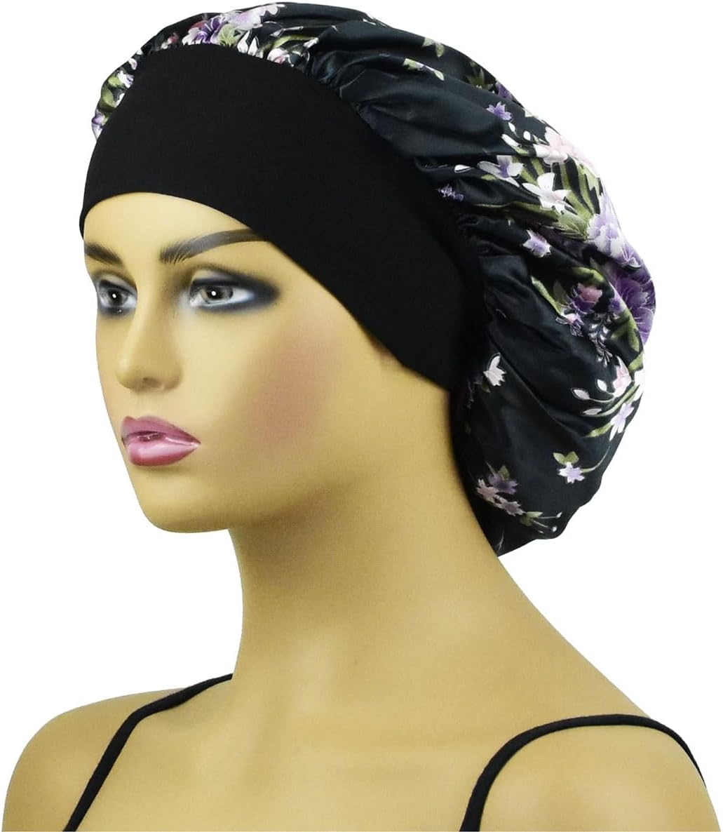 Black Silk Bonnet for Women Curly Hair Cover Satin Bonnets for Sleeping Large Satin Sleep Cap Head Cover Wide Band Silk Night Hats