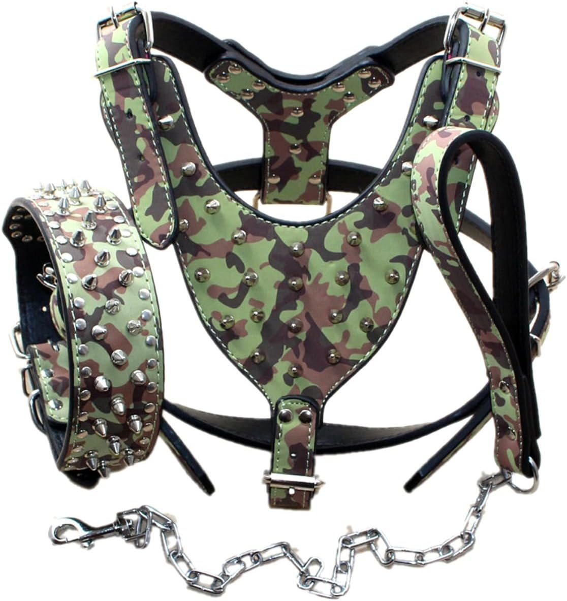 Haoyueer Studded Dog Collars Leather Medium Large Dog Collars Harness and Chain Leashes Matching Set for Pit Bull Mastiff Boxer Bull Terrier (XL, Camouflage)