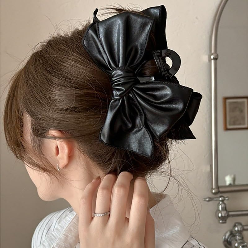 BSLVWG Hair Claws with Bow Black Leather Large Hair Bows for Women Brown Large Hair Clips Non-Slip Strong Hold Hair Accessories for Thin Medium Thick Stylish Hair Clips