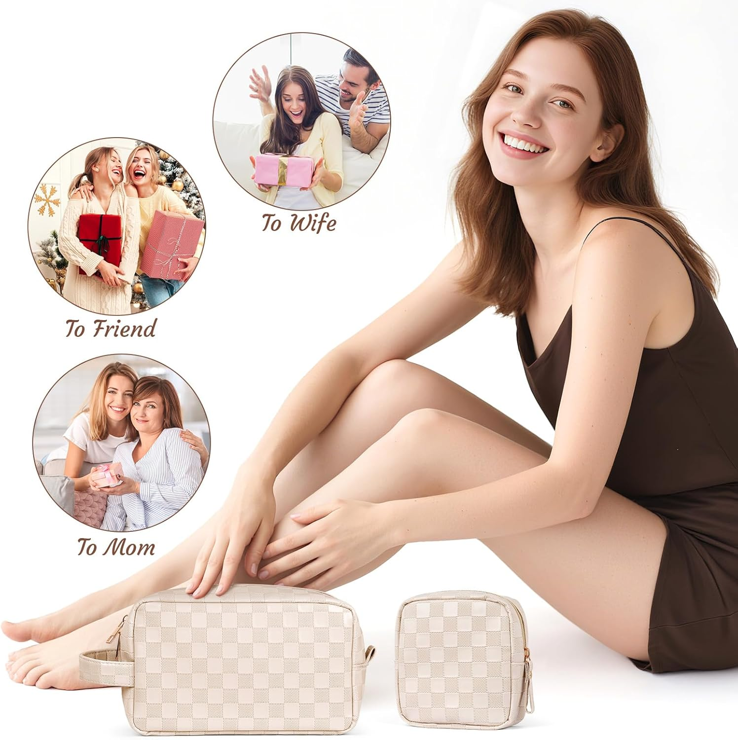 MAGEFY Small Makeup Bag for Purse, Checkered Makeup Bag Small Pouches for Purse Leather Mini Make up Bag Cute Cosmetic Bag for Women with Slip-In Pockets (Beige) - Blue-L image number 4