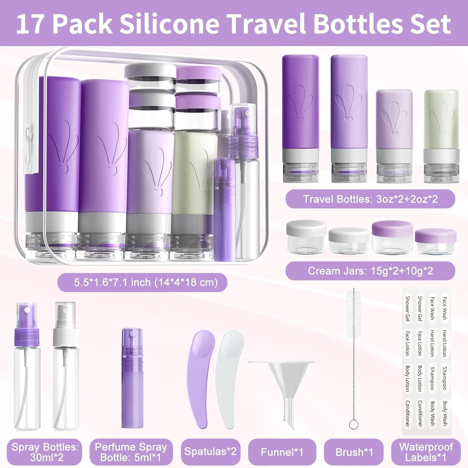 INSFIT 17 Pack Travel Bottles for Toiletries, TSA Approved 90Ml Travel Size Containers, BPA Free Leak Proof Squeezable Silicone Tubes for Shampoo Conditioner Lotion Soap with Labels image number 3