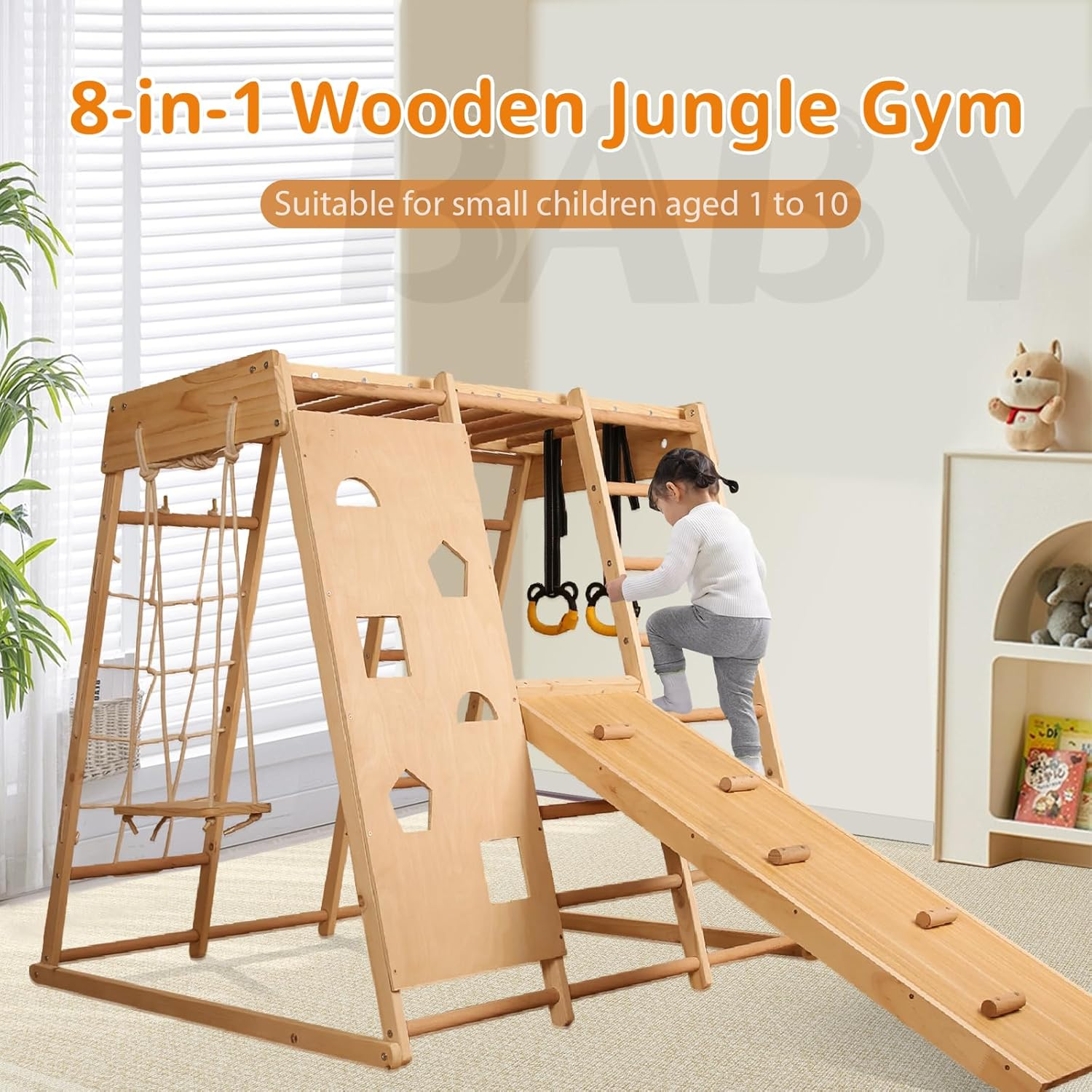 Indoor Playground Toddler 8-In-1 - Climbing Toys for Toddlers with Gymnastic Rings, Swing, Climbing Wall & Monkey Bars, Indoor Jungle Gym for Physical Development image number 4