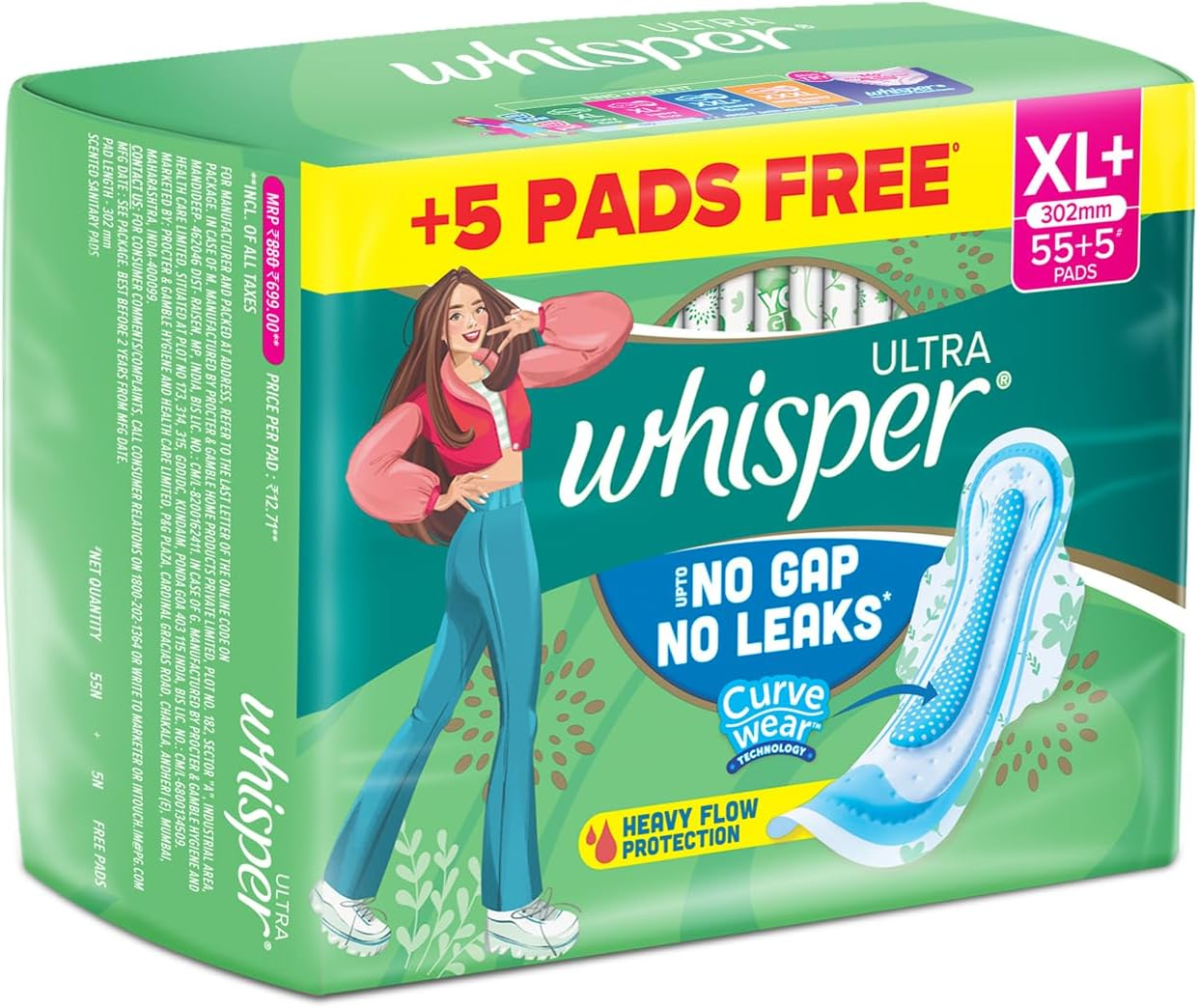Whisper Ultra Clean Sanitary Pads for Women, XL+ 60 Pads (42+18 Pads Free) image number 4