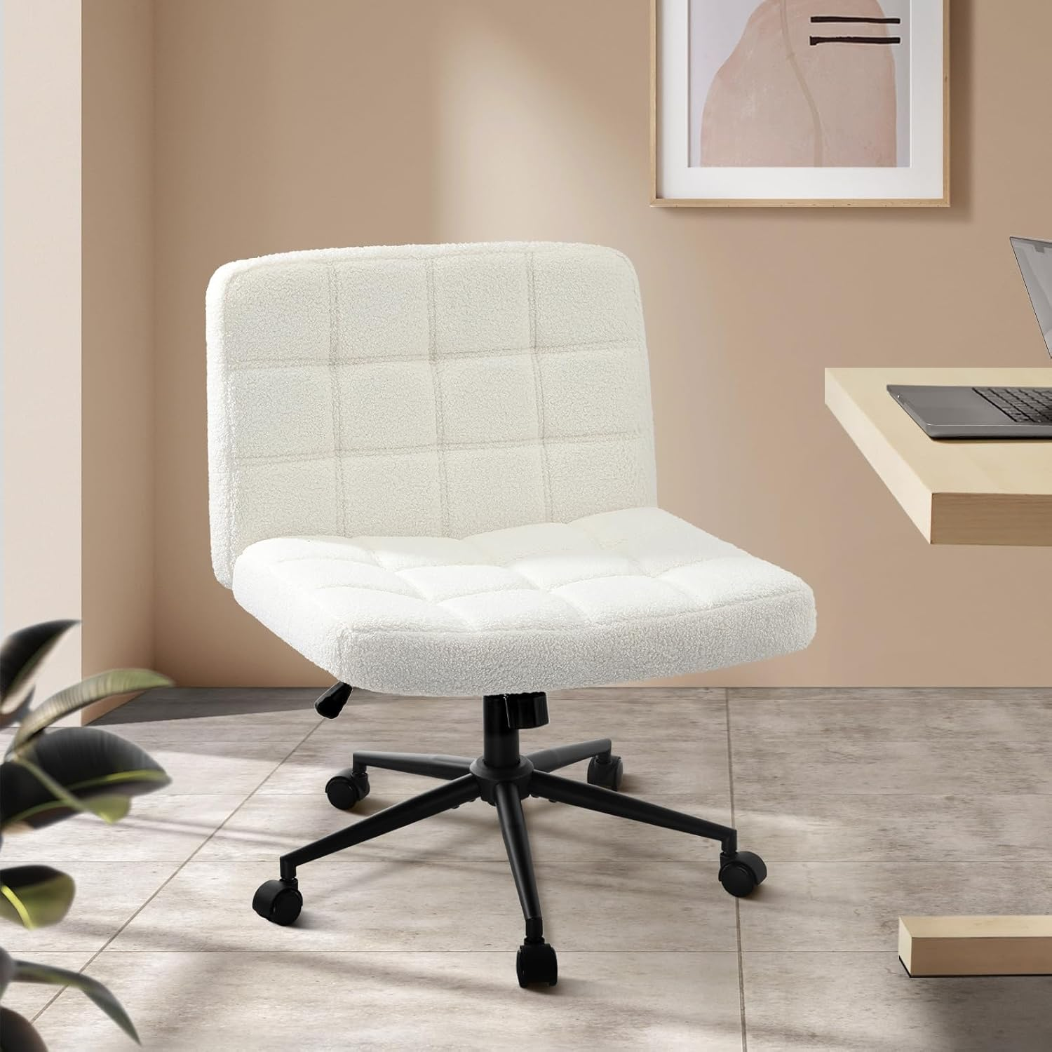 Oikiture Armless Office Chair with Mid Back and Wheel PU Leather Cross Criss Chair Brown