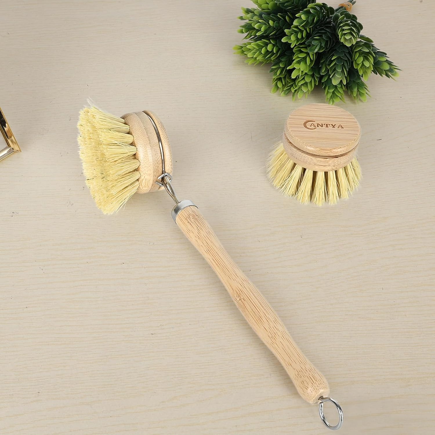 Bamboo Dish Brush with Handle 4 Replacement Heads, Eco-Friendly Soft Sisal Dish Scrubber Bamboo Wok Brush for Cleaning Kitchen Utensils image number 2