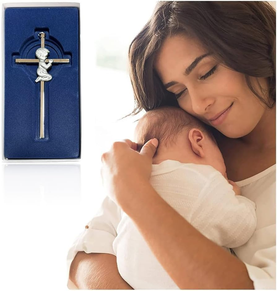Silver Wall Cross Decor Baptism Gifts Praying,Great for Christening,First Holy Communion,Shower Catholic Gift image number 1