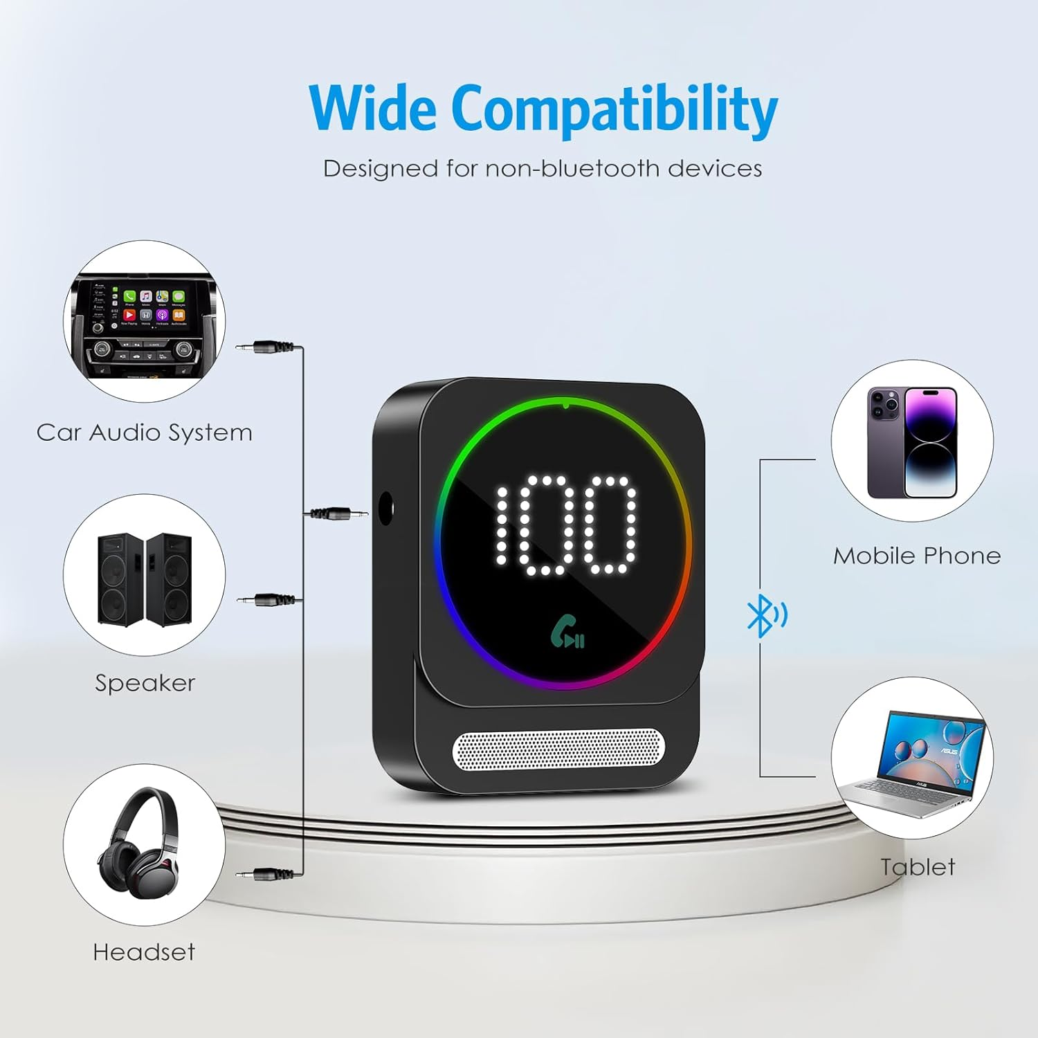 AMIR Bluetooth 5.3 Transmitter and Receiver for Car, 3.5Mm Aux Bluetooth Adapter with Dual Device Connection, Hands-Free Calls, 20H Battery Life Compatible for Speaker Home Stereo TV Headphones image number 3