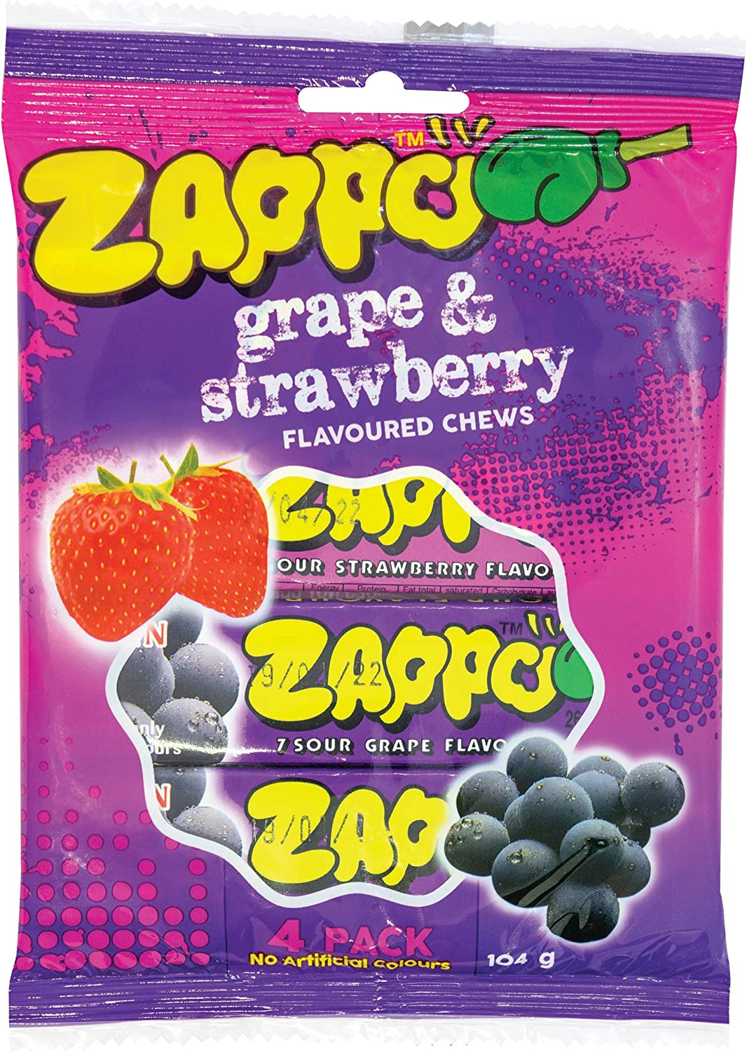 Zappo Sour Grape and Strawberry Chews 4 Pack 104 G Fruity Mix for Sharing