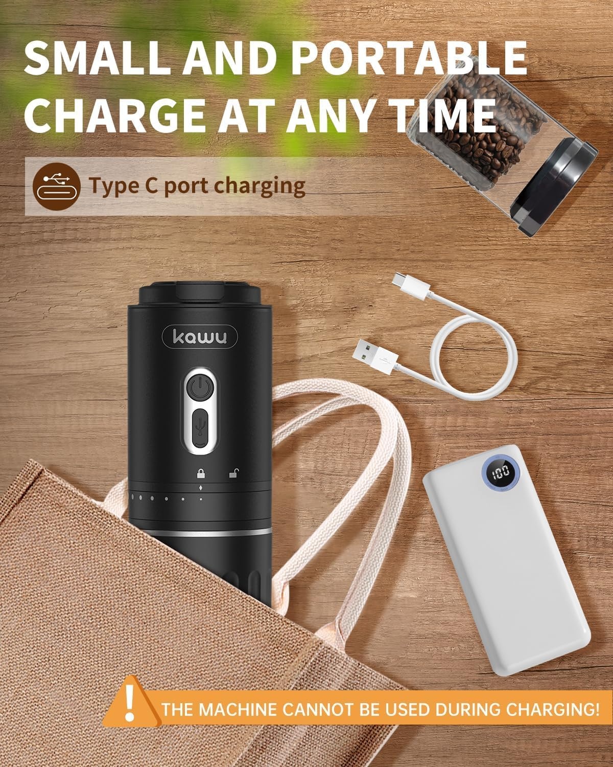 KAWU Portable Electric Coffee Grinder, USB Rechargeable, Conical Burr, Battery Powered, SOE Coffee Bean Coffee Maker, Small Cordless Compact for Travel, Camping, Car image number 4