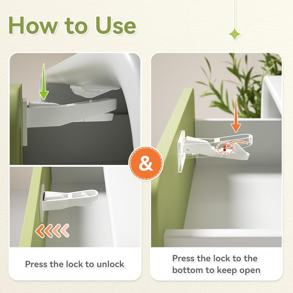 SAFELON 12 Pcs Baby Safety Cabinet Locks Childproof Drawer Locks with Screws, Kids Latch for Drawers and Cabinets, Works with Most Cabinets and Drawers. image number 2