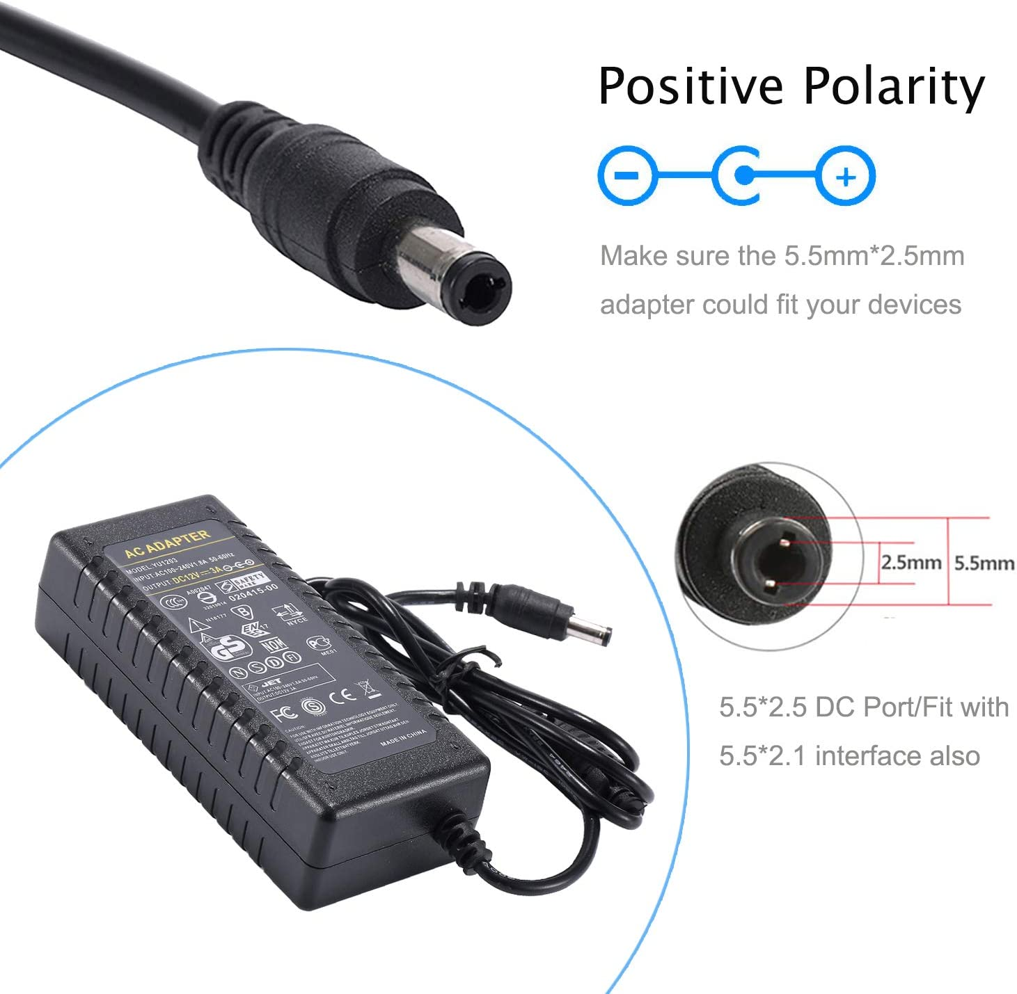 12V 3A Power Supply, Cfsadapter AC 100-240V to DC 12V 3A Power Adapter 36W Charger Led Driver for LED Strip Light CCTV Camera image number 1