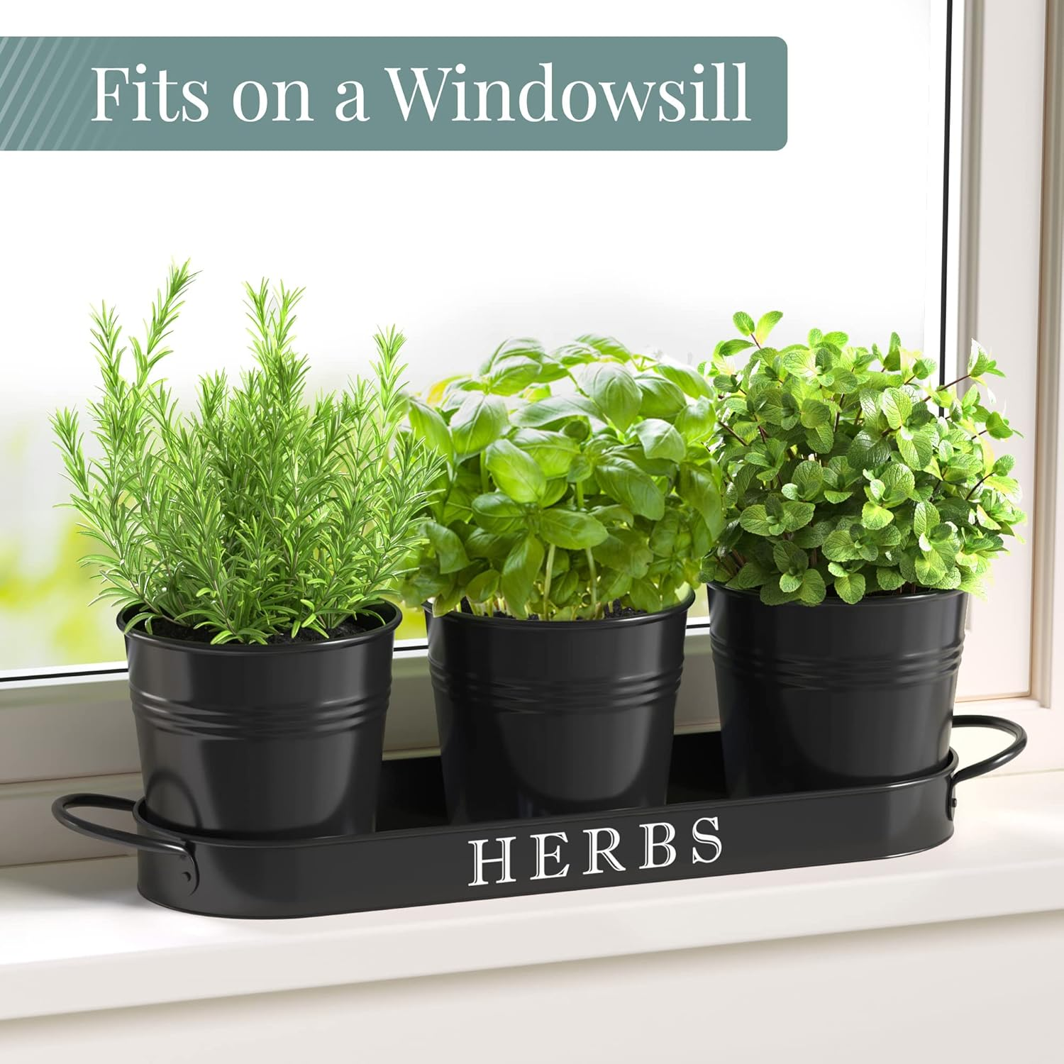 Barnyard Designs Indoor Outdoor Herb Garden Planter Set with Tray, Metal Windowsill Herb Pots, Black, Set/3 - Black image number 4