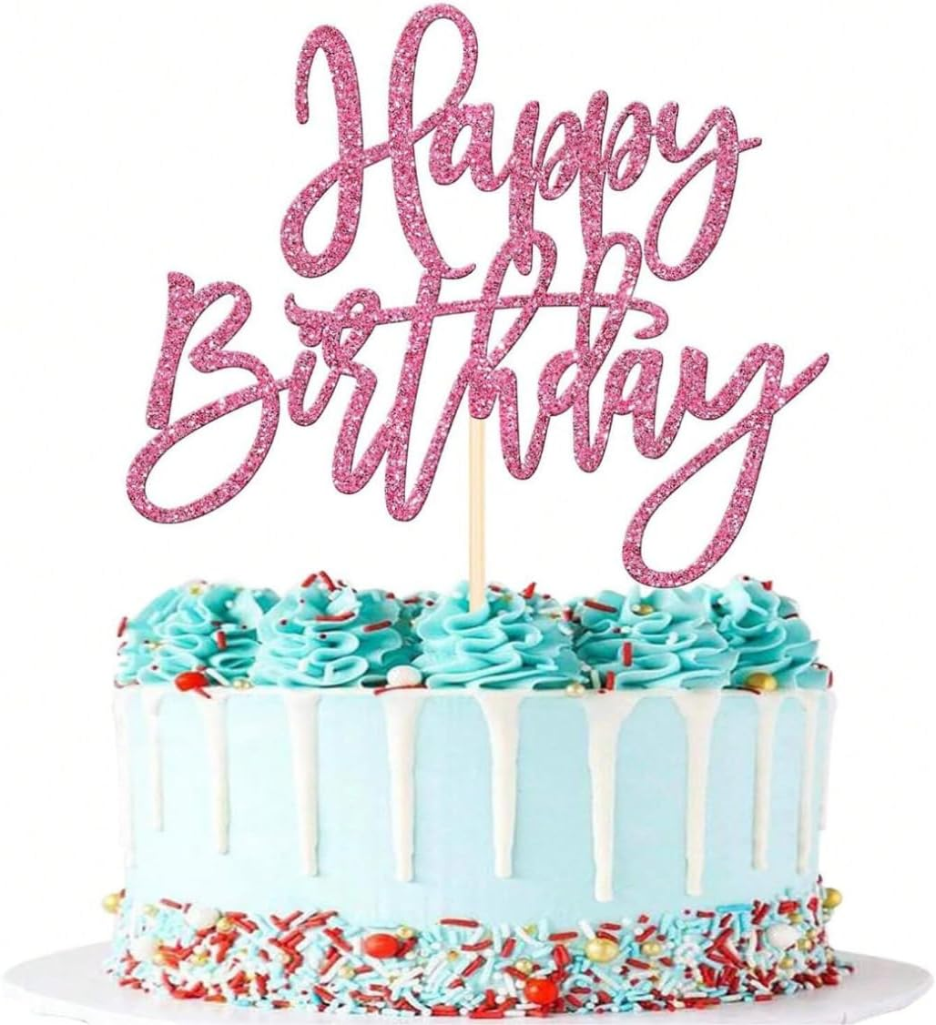 Glitter Happy Birthday Cake Topper - Different Colour Options, Party Decoration, Office, Kid Party (Pink)