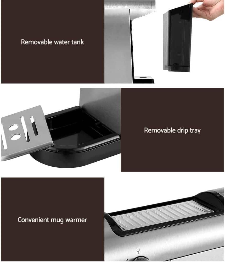 Devanti Coffee Machine, 20 Bar Barista Express Espresso Maker Pod Cafe Cup Latte Cappuccino Milk Frother Machines, with Powerful Pressure Pump Removable Drip Tray and Water Tank Stainless Steel