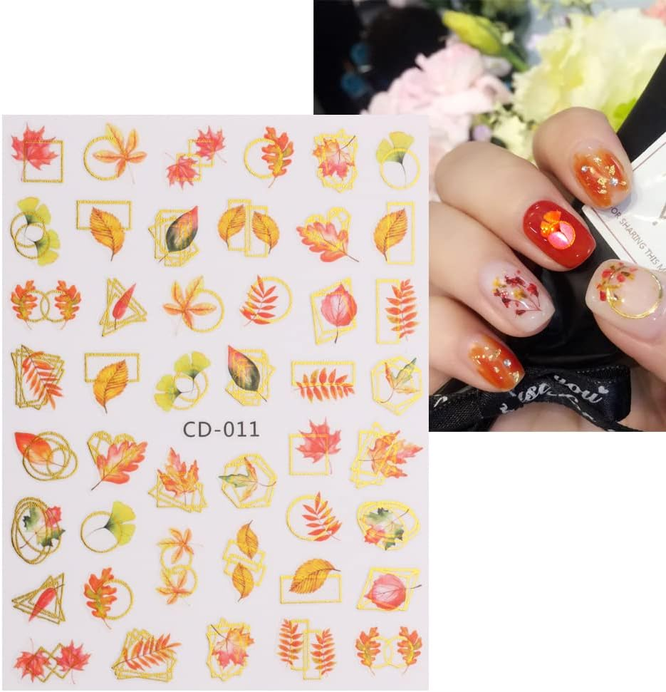 8 Sheets Nail Stickers Autumn Leaves Nail Stickers Self-Adhesive Gold Leaves Nail Tattoos Nail Design DIY Thanksgiving Nail Decoration for Women Girls image number 2