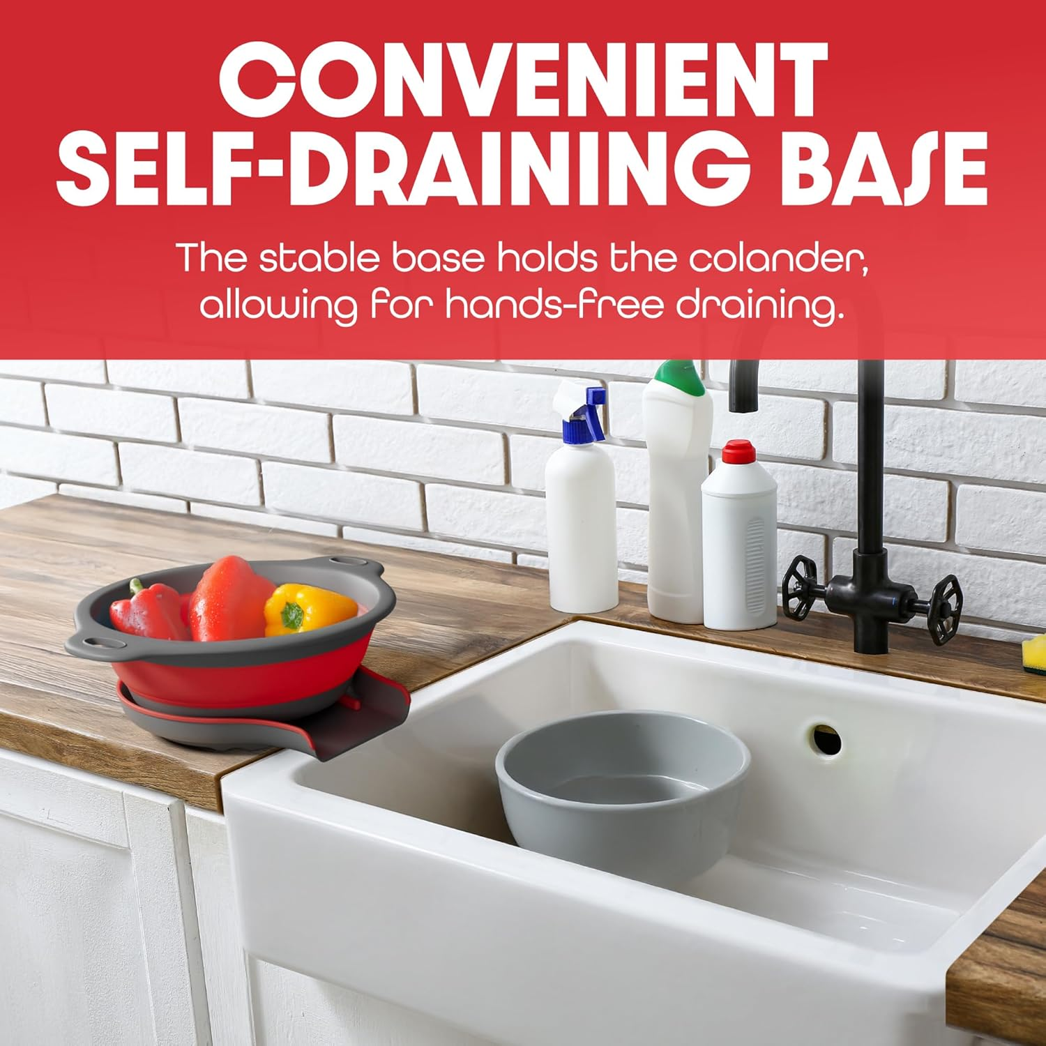 Collapsible Colander Food Strainer with Over-Sink Self Draining Base for Pasta Fruits and Vegetables, round Foldable Draining Basket Grey/Red