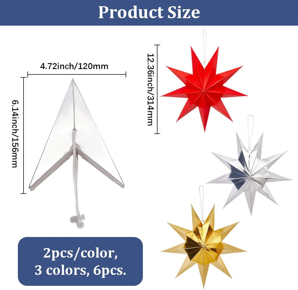 GORGECRAFT 6Pcs 3 Colors Paper Star Lanterns Gold Silver Red Nine Pointed Stars Winter Holiday Christmas Xmas Hanging Lampshade Lantern Decorations for Wedding Birthday Party Home Decor
