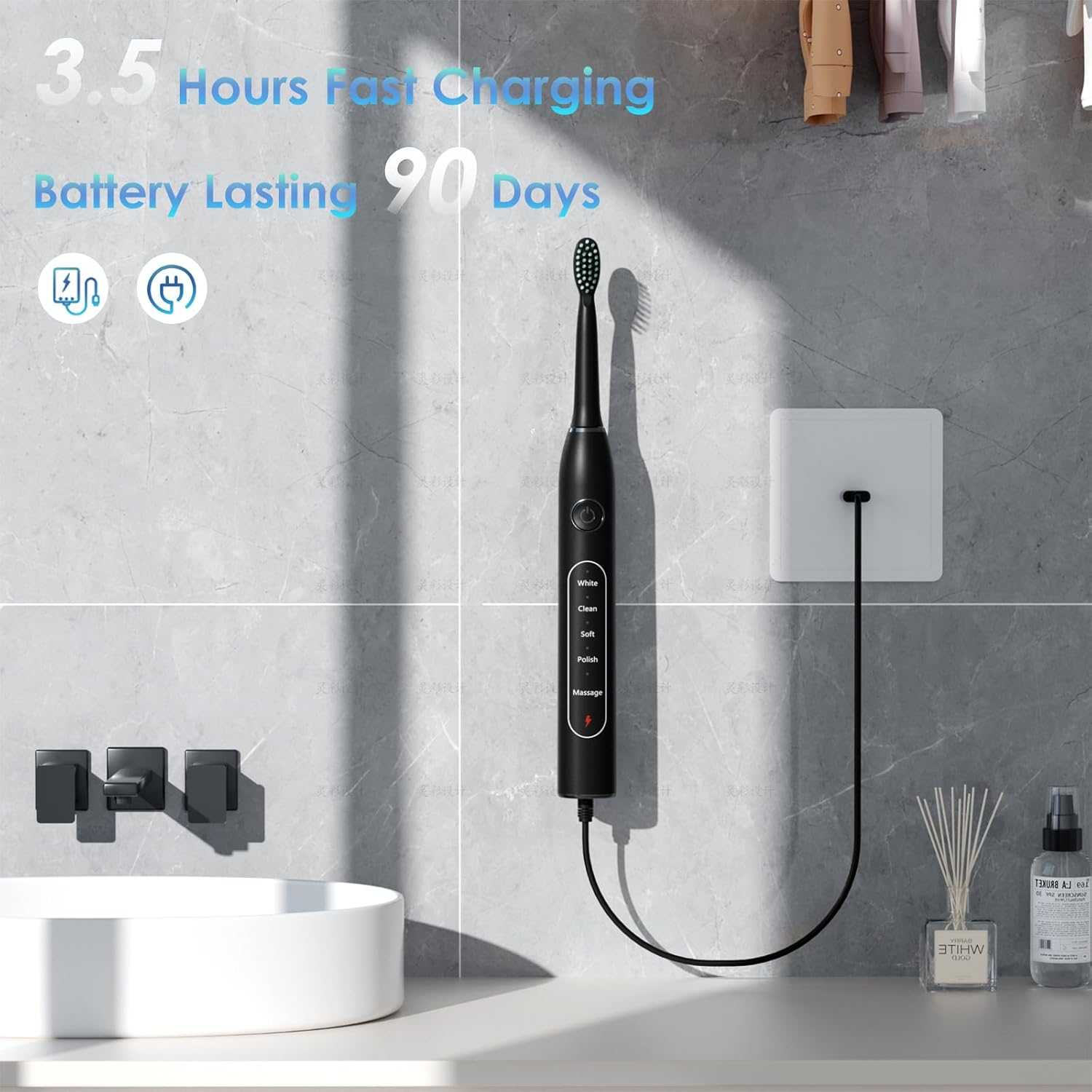 Electric Toothbrush for Adults, Included for Free with 8 Replacement Brush Heads, Travel Bag- 5 Cleaning Modes, IPX7 Waterproof,Rechargeable, with Smart Timer,Black Whitening Powered Toothbrush Set image number 1