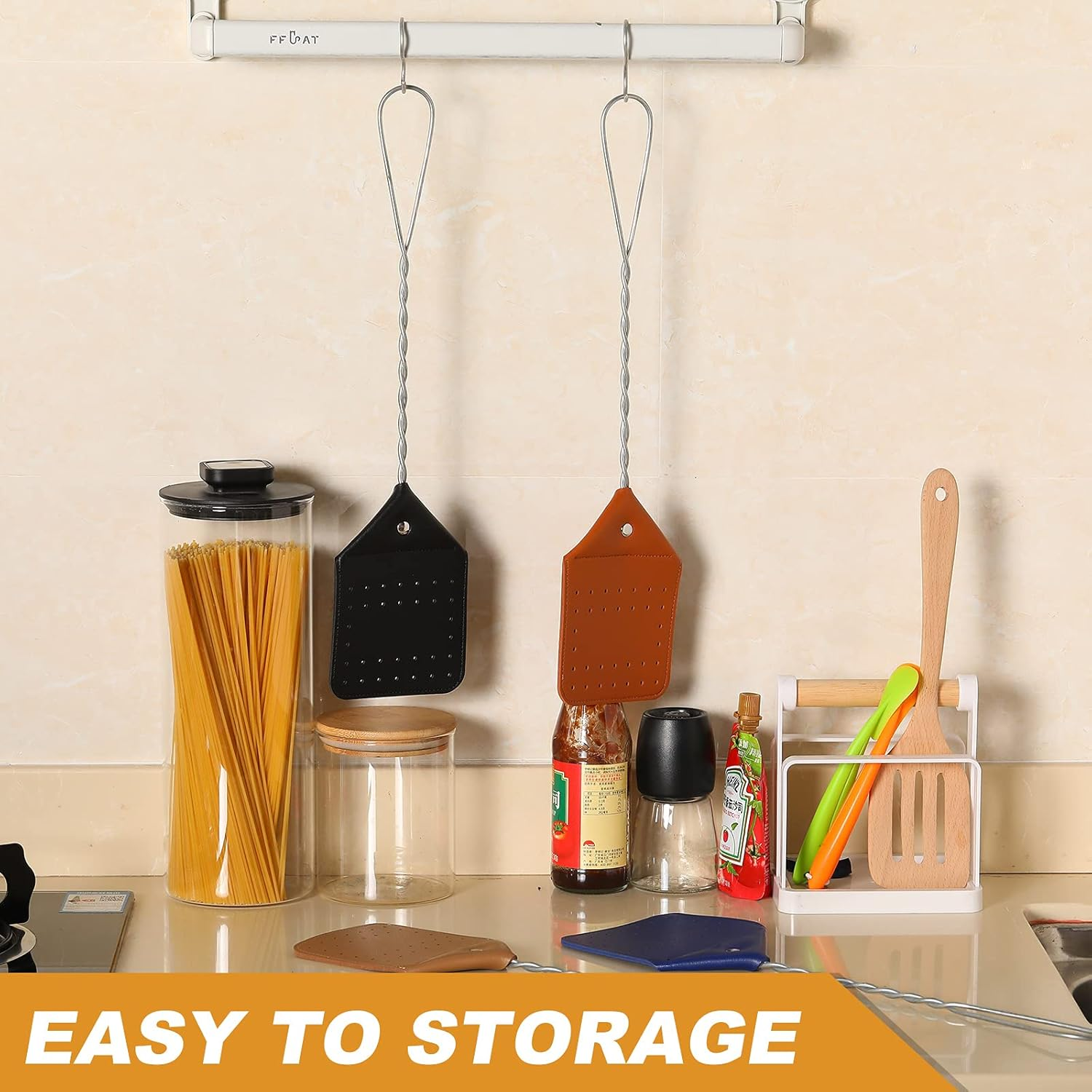 Zopeal 4 Pcs Sturdy Leather Fly Swatter 17 Inch Long Handle Manual Swat Heavy Duty Metal Handle Flyswatter Rustic Fly Swatter for Indoor Outdoor(Royal Blue, Black, Khaki, Dark Brown) image number 5