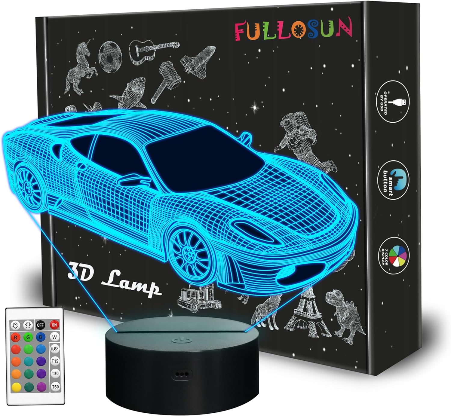 Car 3D Night Light for Kid, Sports Racing Illusion Bedside Lamp 16 Color Changing with Remote Control Dim Bedroom Decor Best Creative Birthday Men Boy Friend image number 2