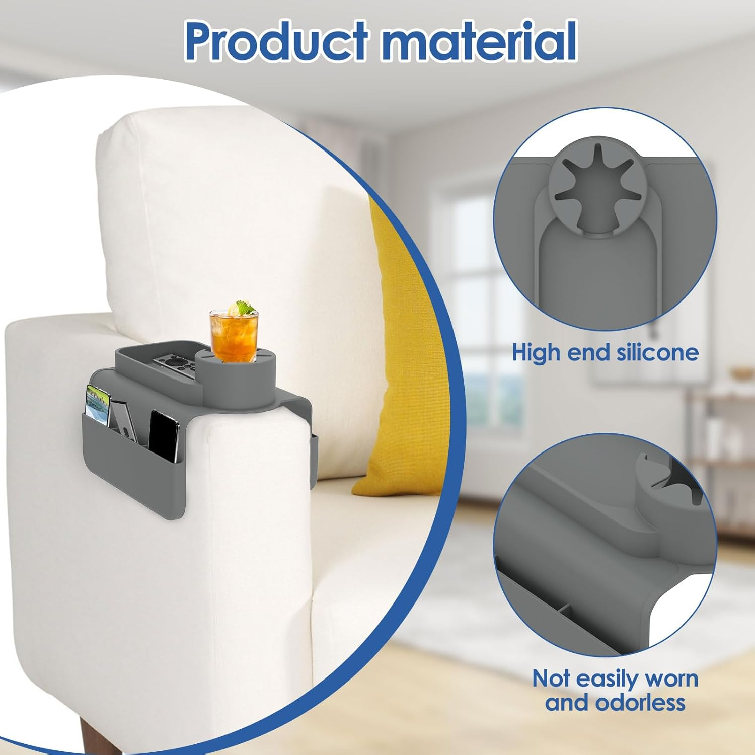 Fwqofvk Silicone Sofa Couch Cup Holder with Side Pocket, Easy to Install Silicone Armchair Cup Holder, Versatile Sturdy Sofa Armrest Tray, Couch Drink Holder for Living Room 48X29.5X11Cm (Grey) - White image number 6