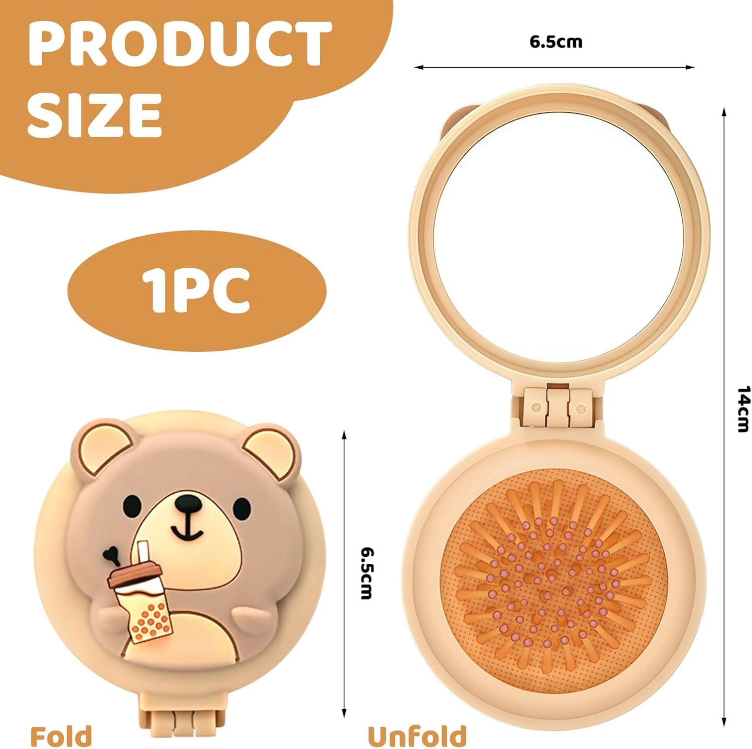 Muorruo Mini Travel Hairbrush for Kids, round Folding Mirror and Small Hairbrush for Boys and Girls, Baby Detangling Brush, Massage Hairbrush with Air Cushion for Thick Hair (Beige)