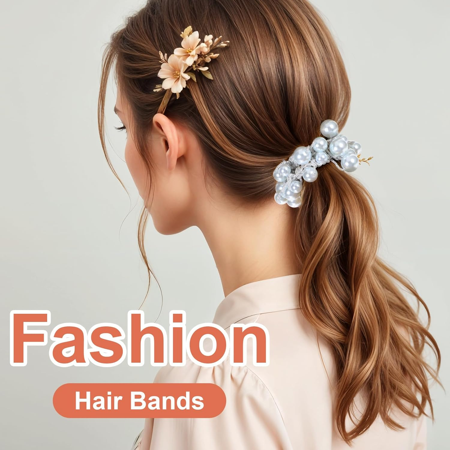 Pearl Hair Ties for Women, Elastic Beaded Hair Scrunchies Bling Ponytail Holders, Fake Pearl Hair Accessories Stylish Hair Rope for Girls Thick Thin Hair Braids (White, Blue, Rose Gold) image number 2