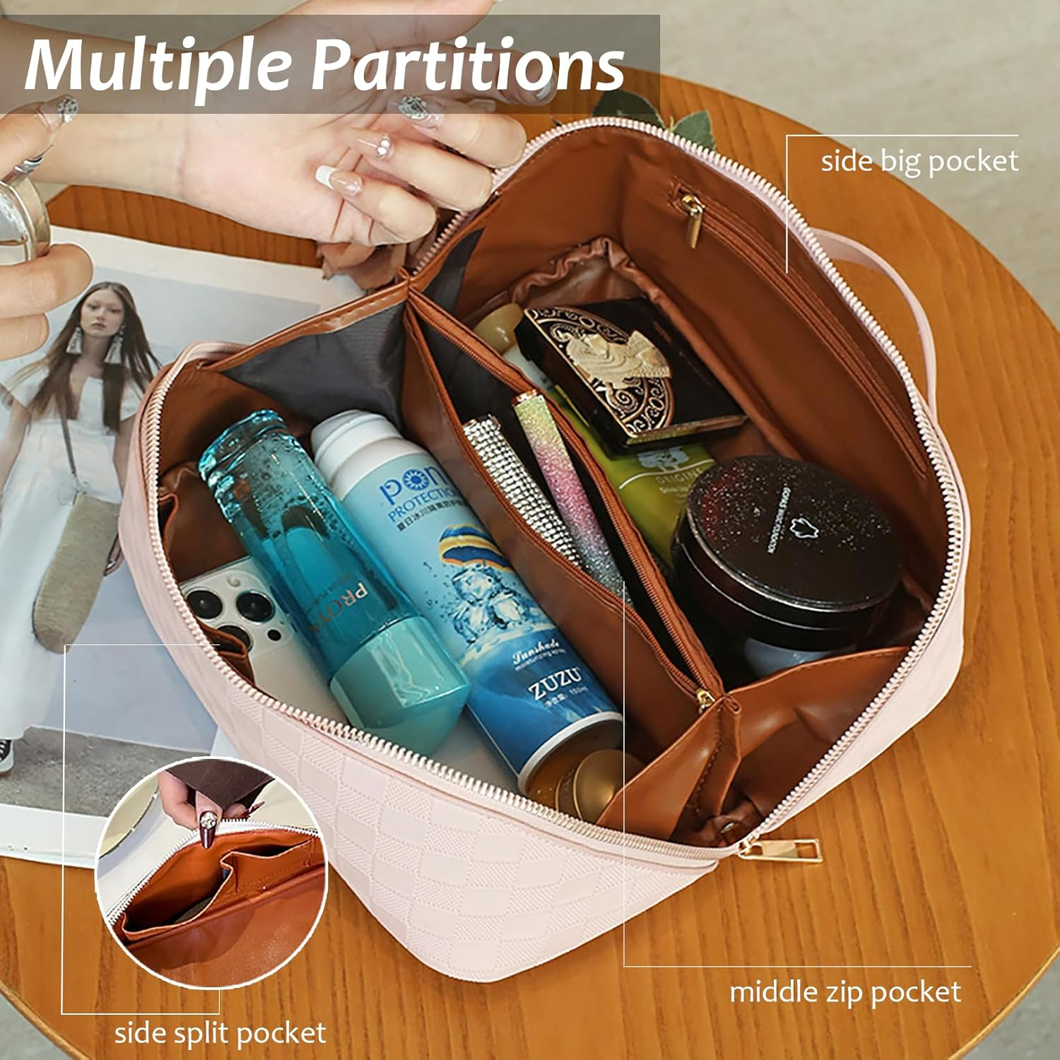 Portable Makeup Bag,Jovala Large Capacity Travel Cosmetic Bag Checkered PU Leather Women'S Holiday Multifunctional Makeup Bag Washable,With Handle and Divider (Brown) - Black image number 5