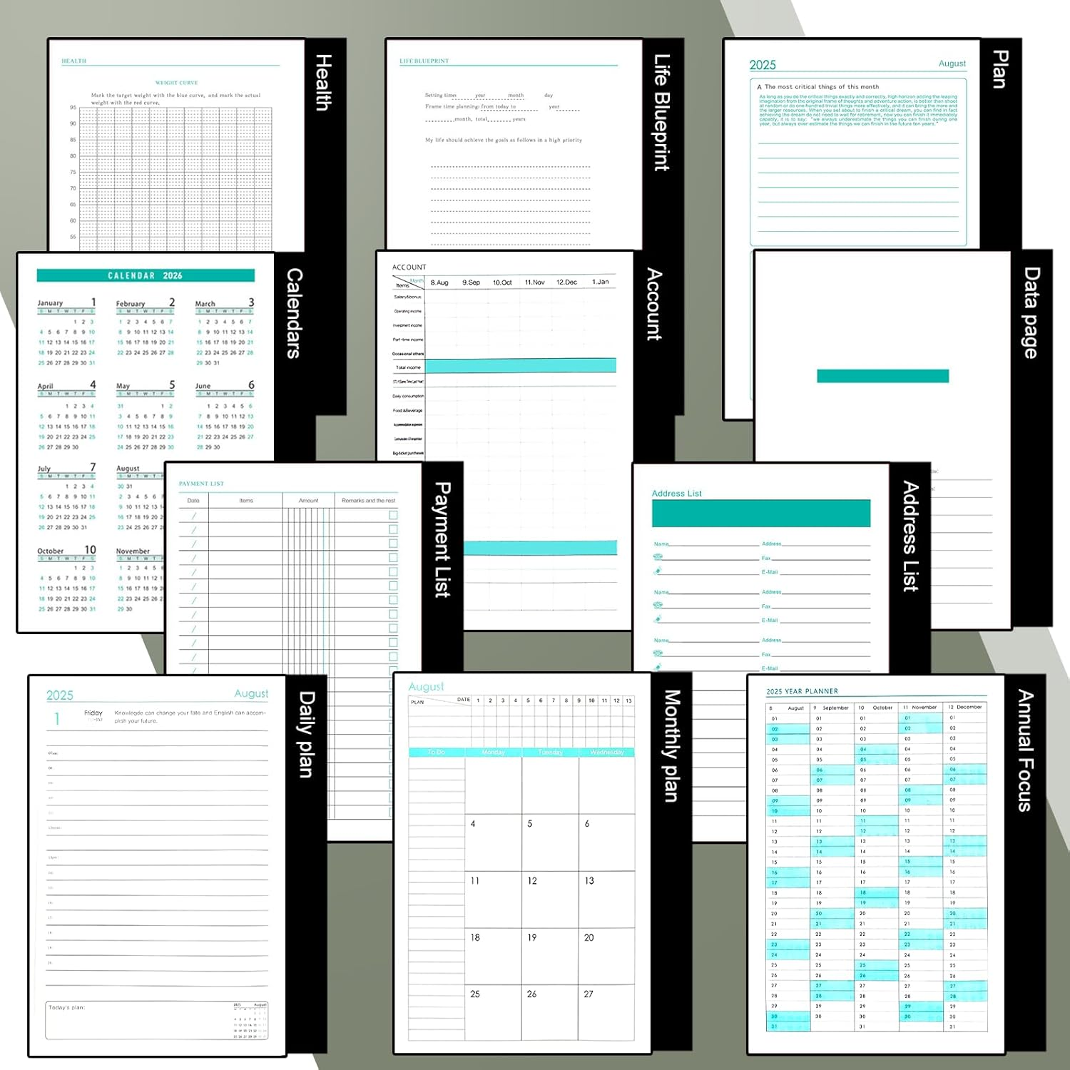 2025-2026 Diary A5 Page a Day,Diary 2025-2026 from Aug to Aug,13Months Planner 2025-2026,Hardcover Daily Planner with Colorful Monthly Tabs,Pen,Pen Loop, Inner Pocket, Bookmarks (Green) image number 2