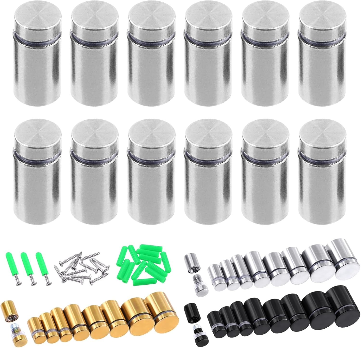Swpeet 12 Sets 5/8" X 2" Silver Stainless Steel Standoff Screws, Wall Standoff Mounts Glass Acrylic Nail with Screws and Wall Anchors, Mounting Glass Hardware for Hanging Picture Frame Advertise
