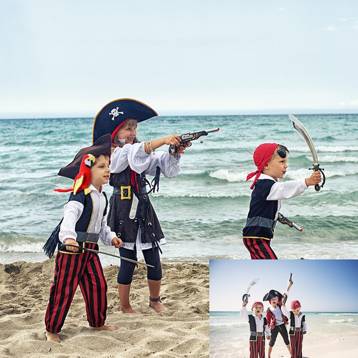 UOIENRT 2Pcs Pirate Hat Hat Skull Print & 10In Stuffed Parrot on Shoulder Pirate Costume Accessories for Halloween, School Play, Theater Performance image number 4