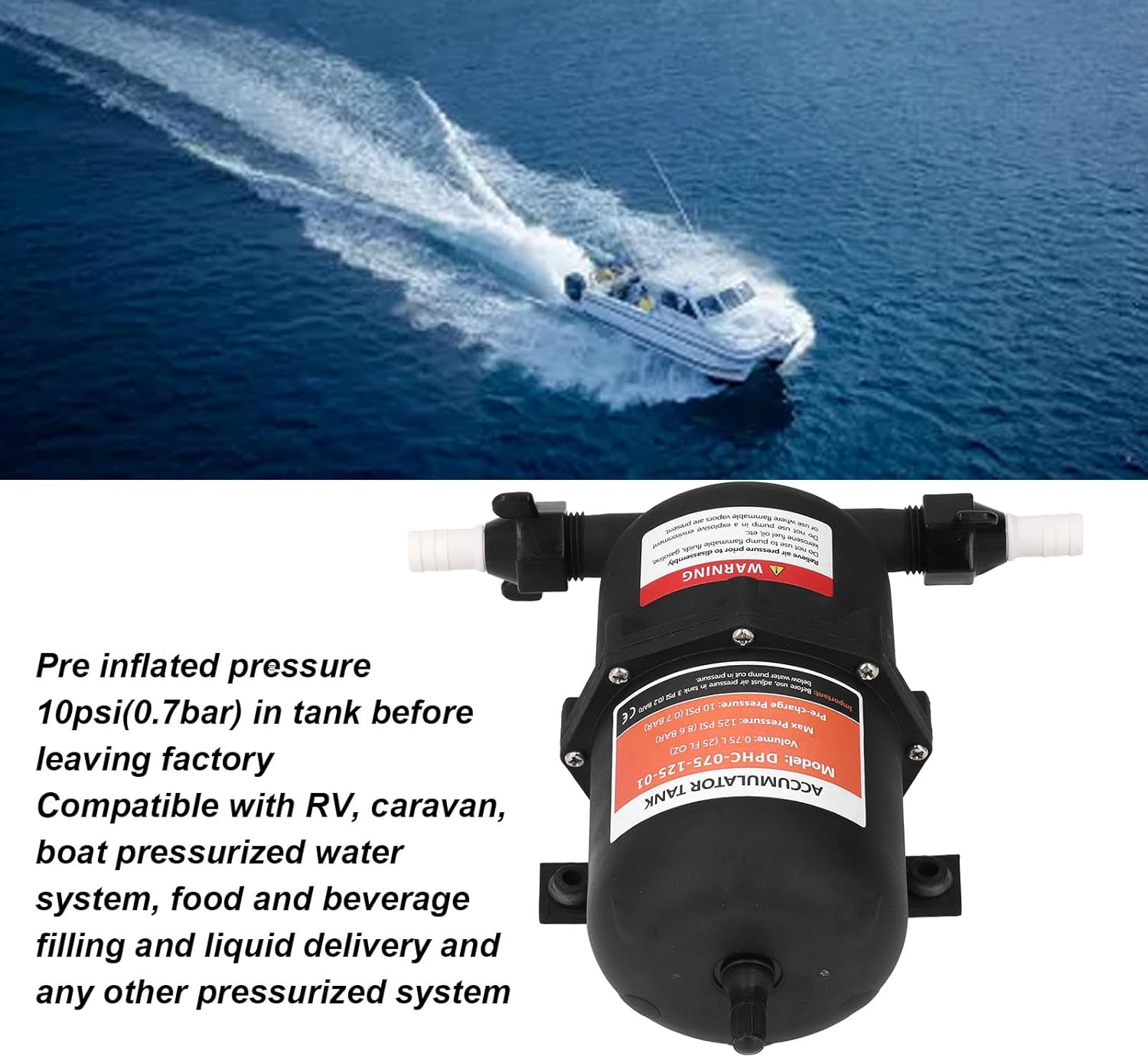 Wisoqu RV Accumulator Tank 0.75L Max 125PSI, Universal, Metal, 1/2 MNPT Port Fitting, Pre Pressurized for RV, Boat, Travel Trailer, Caravan, Yacht image number 2