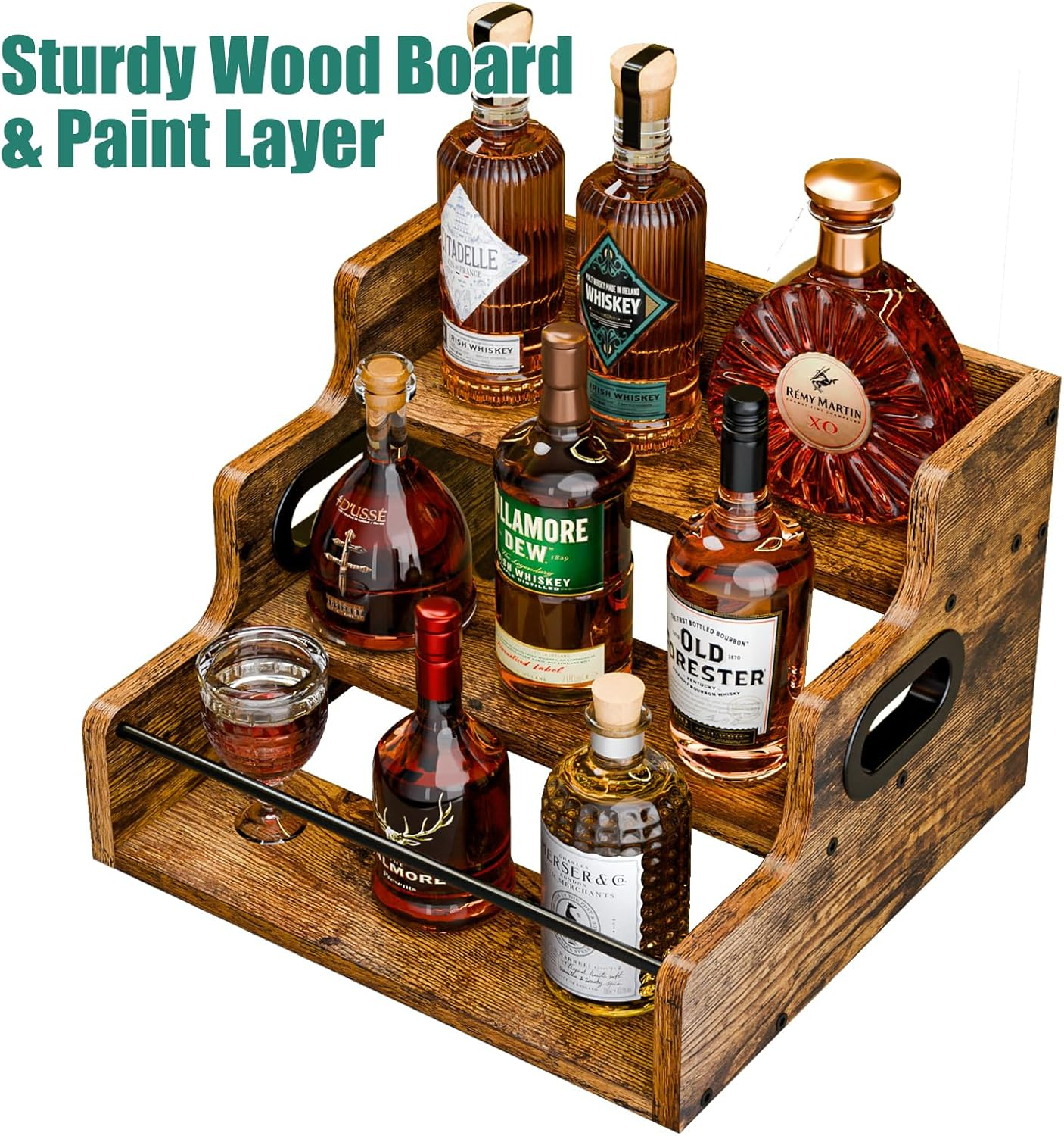 KLM Liquor Bottle Display Shelf, Coffee Syrup Rack Organizer, 3 Step Countertop Liquor Wine Rack, Mini Bar,Liquor Cabinet, Home Retro Bar Shelf Stand for Liquor Whiskey, Spirits, Brown, GL-06 image number 4