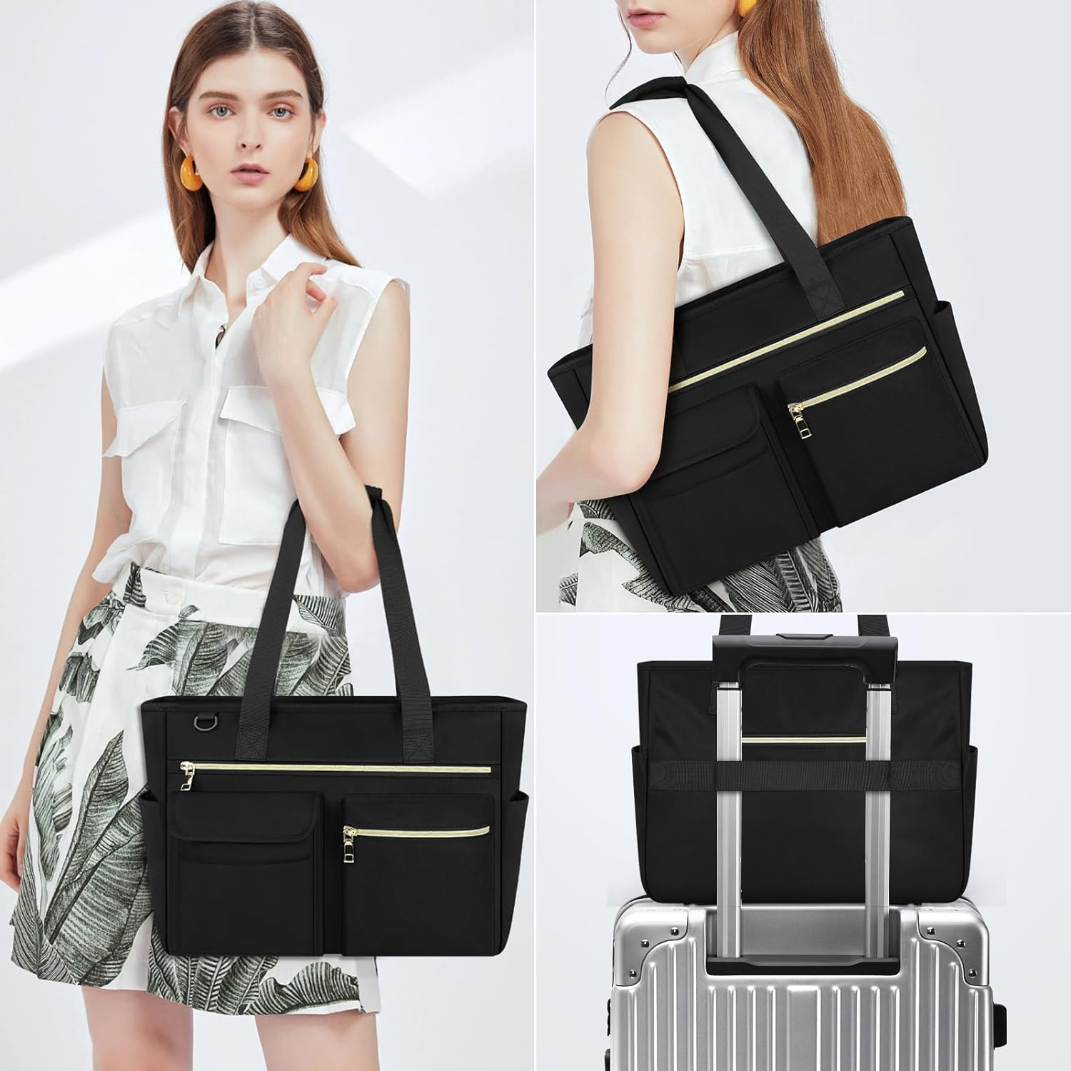 NEWHEY Tote Bag with Zipper Large Work Tote Bags for Women 15.6 Inch Laptop Tote Bag Canvas Tote Bag for School Travel Black image number 1