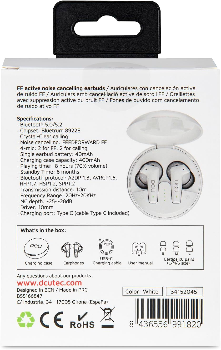 DCU Tecnologic Active Feedforward Noise Cancelling Headphones Bluetooth Headphones 5.0/5.2 White image number 3