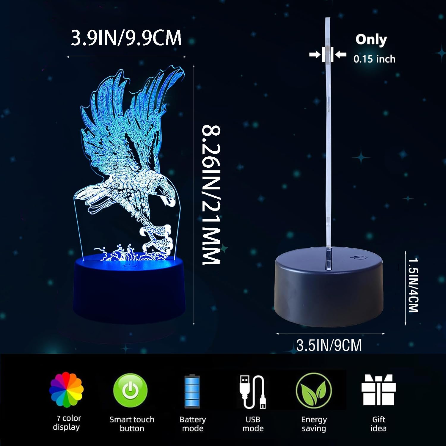 Eagle Lamp, 3D Night Light Children with Colour Changing, Intelligent Touch Eagle LED Animal Lamp with 7 Colours, a Gift for Girls and Boys image number 6