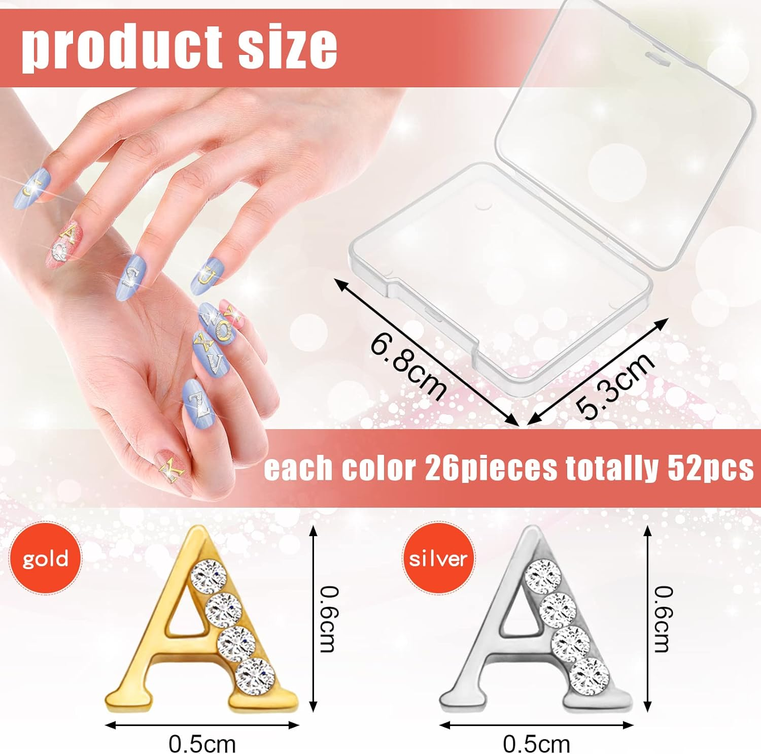 52 Pieces Letters Nail Stud Stickers Alloy Rhinestone Letter Charms 3D Capital Letters Nail Studs Alphabet Nail Charms English Nail Decoration for Women Girls Nail Accessories Home Salon, Gold, Silver - Gold,Silver image number 7