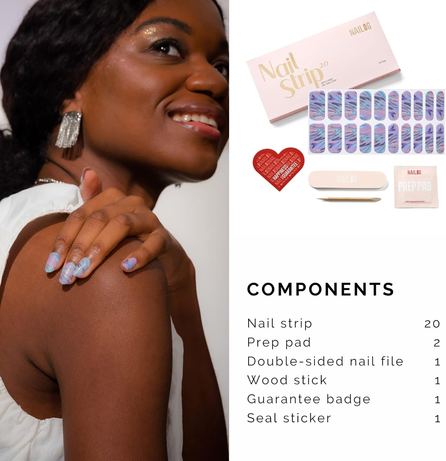 NAILOG Semi Cured Gel Nail Strips (20 Extra Long Nail Stickers) | Glossy & Long Lasting Soft Gel Finish Nail Wraps| Pearlescent Purple & Blue Holographic | La Plage image number 4