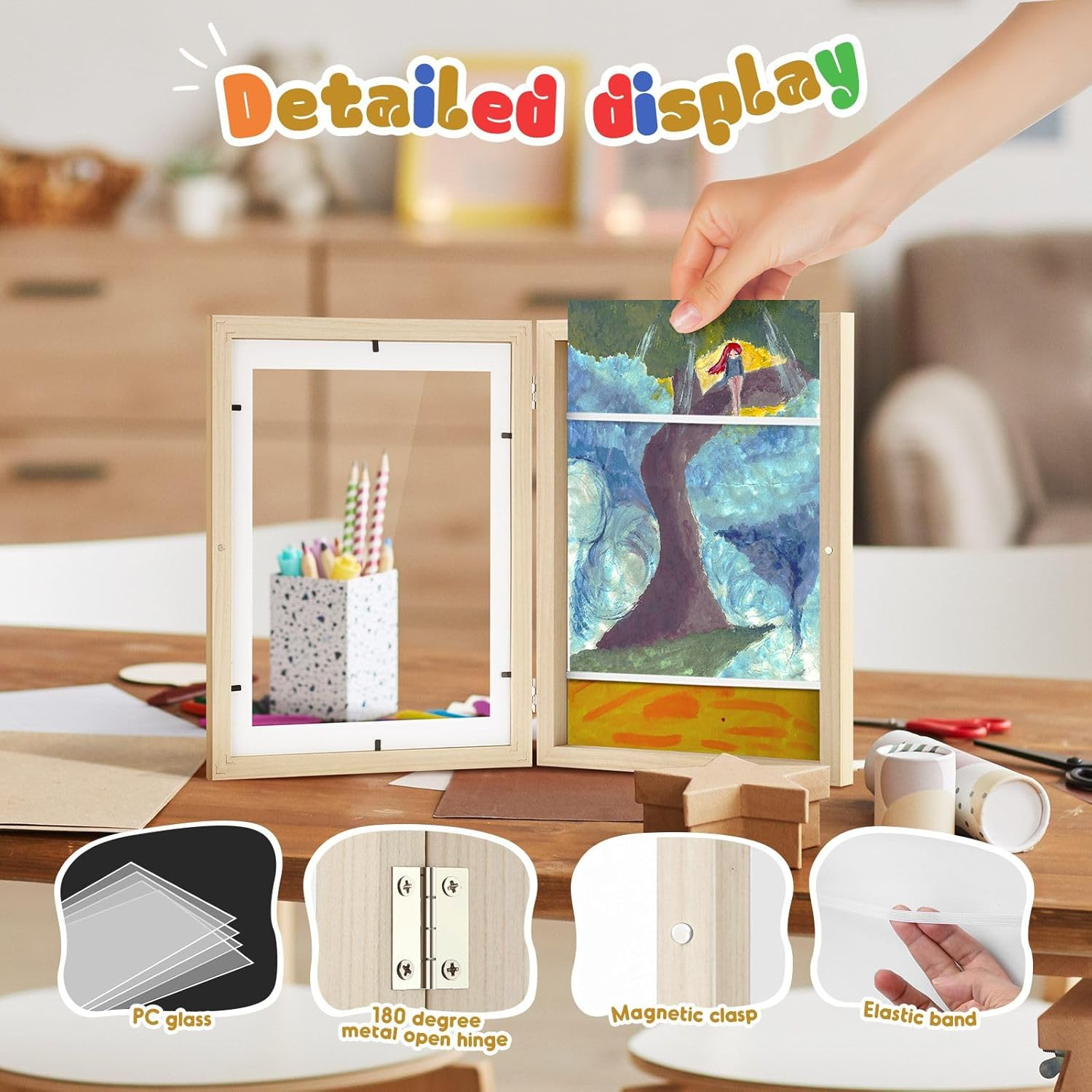 5Pcs Art Frames Kids Craft Artwork Projects Drawings Display Family Photo Storage A4 150 Pictures Portrait Canvas Children Wall Tabletop Decor Wooden image number 1