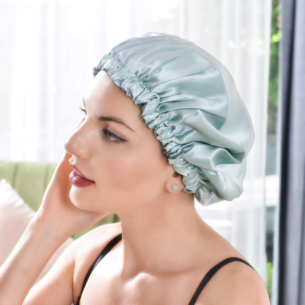 THXSILK Silk Bonnet for Women Girls, 100% 22 Momme Mulberry Silk with Hyaluronic Acid, Double Layered, Durable and Deep Hydration, Adjustable Elastic Night Cap for Hair Care - L, Light Blue & Grey image number 6