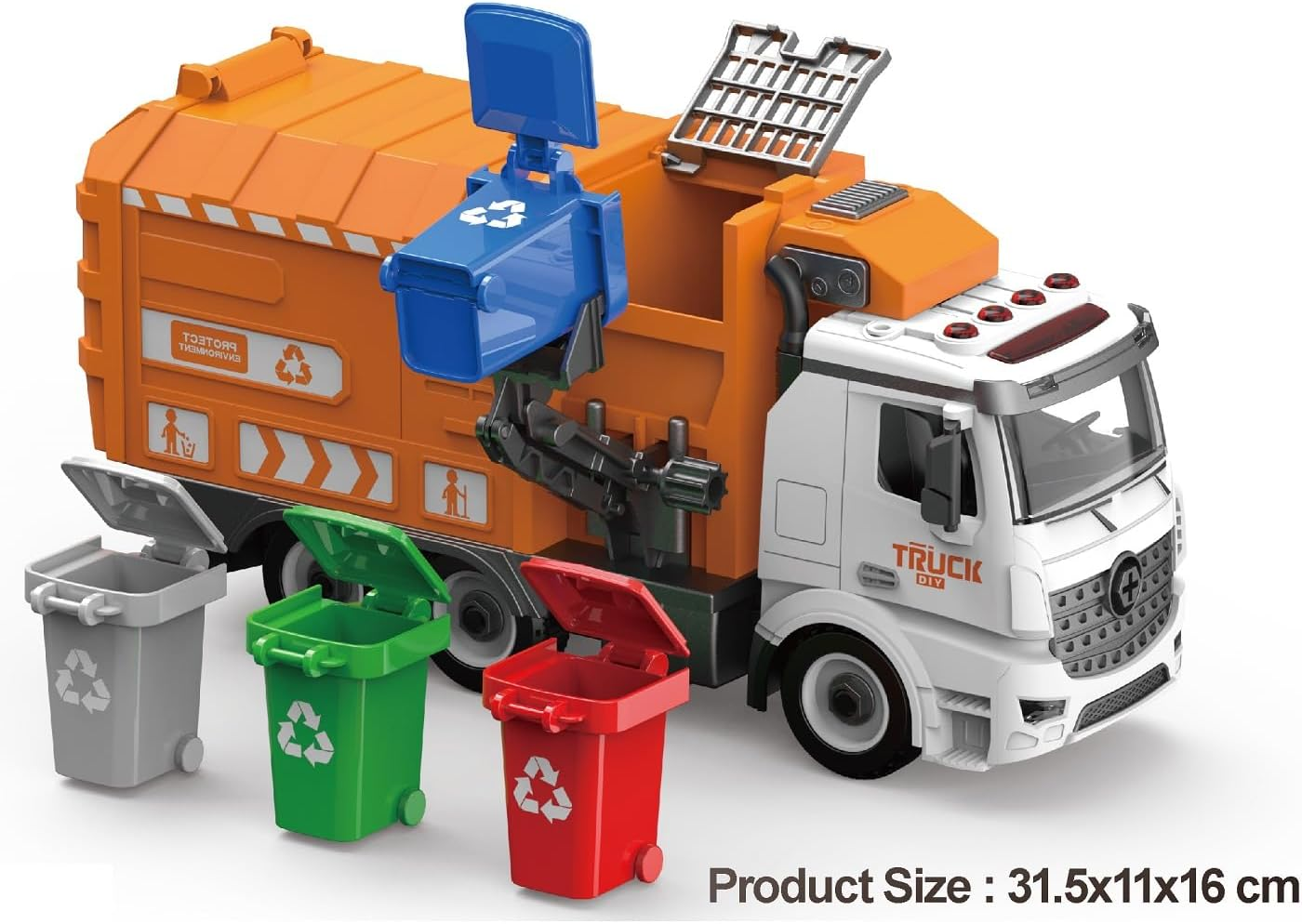 Toy Bin Truck Recycling Garbage Bins Inertia Friction Power DIY Truck Building Automatic Lifting Sound Lights with 4 Coloured Bins image number 3
