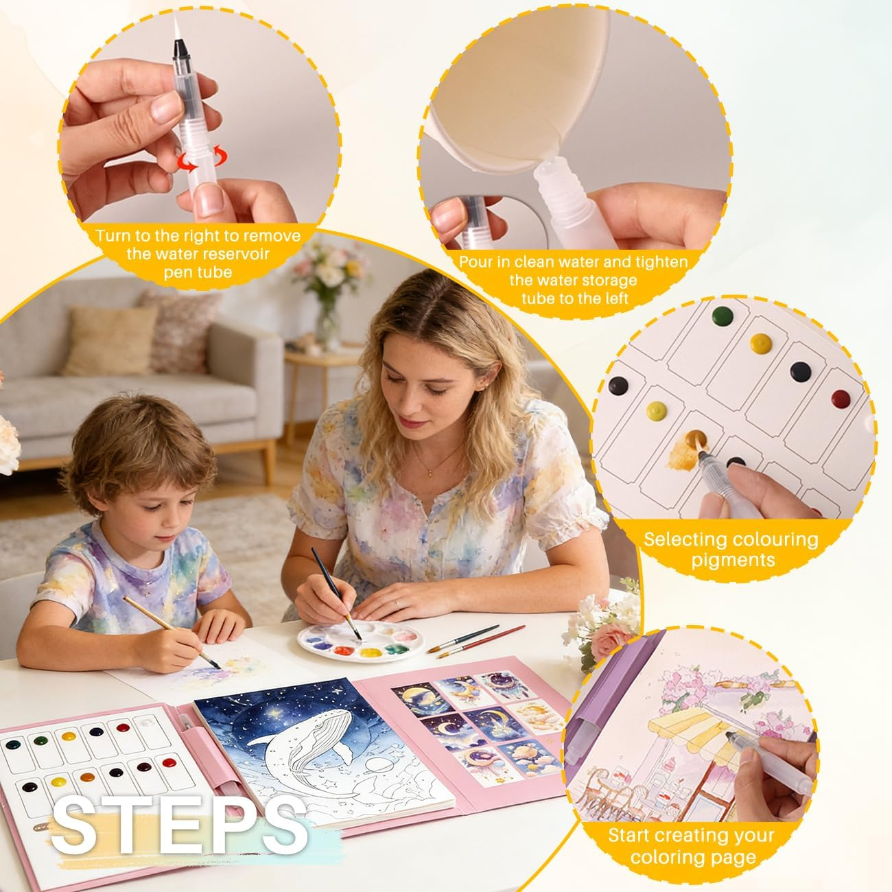 Watercolour Colouring Book with 12 Watercolours, NANASUGUR Watercolour Painting Set for Crafts & Learning, Watercolour Painting Paper for Drawing, Workbook, Colouring Pad Set with Watercolour Paper image number 1