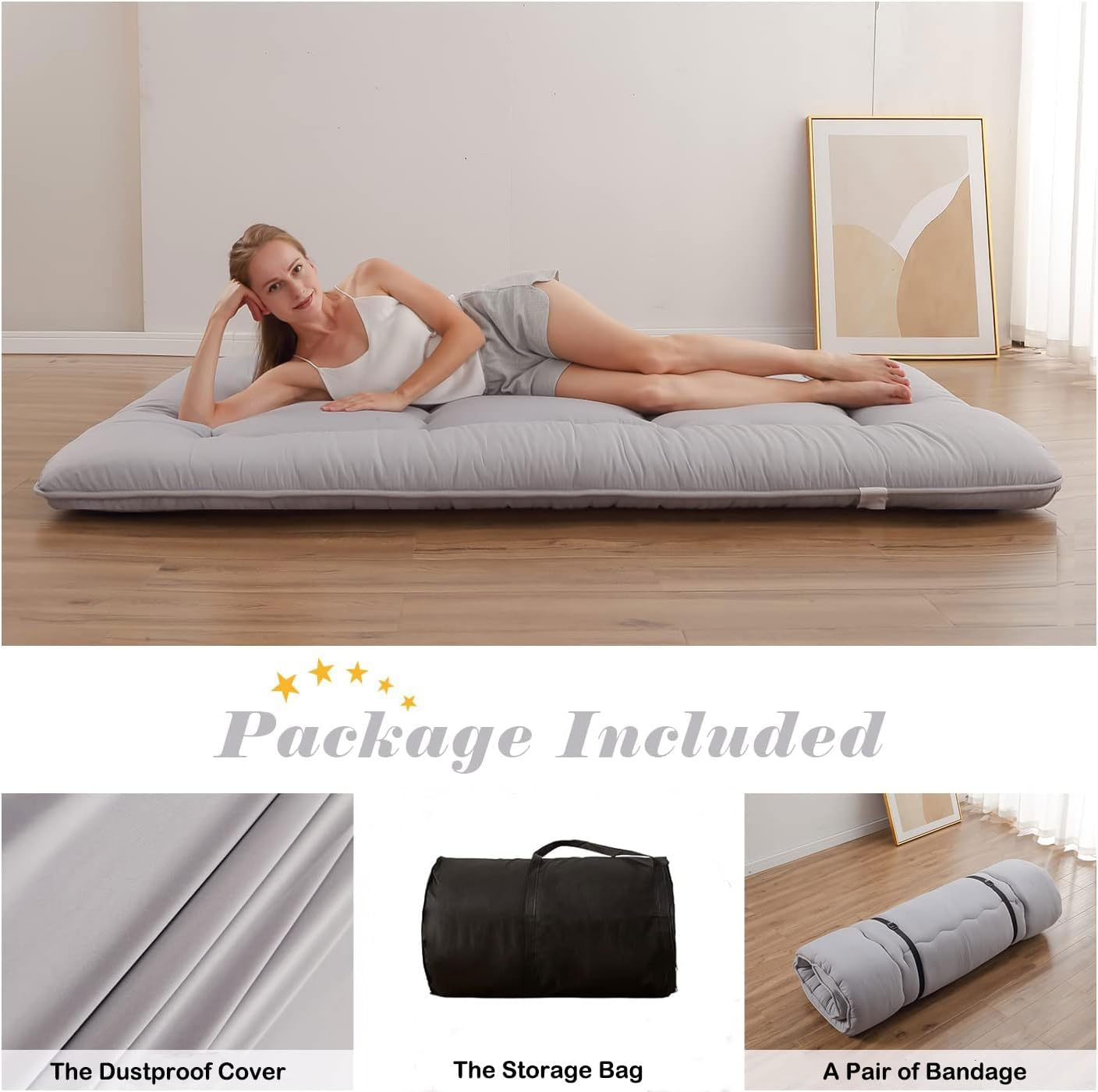 TARODEA Japanese Floor Mattress, Futon Mattresses with Portable Storage Bag and Washable Cover, Roll up Thick Tatami Mattress Suitable for Camping, Guest Room (Grey, 150 X 200 Cm) image number 3