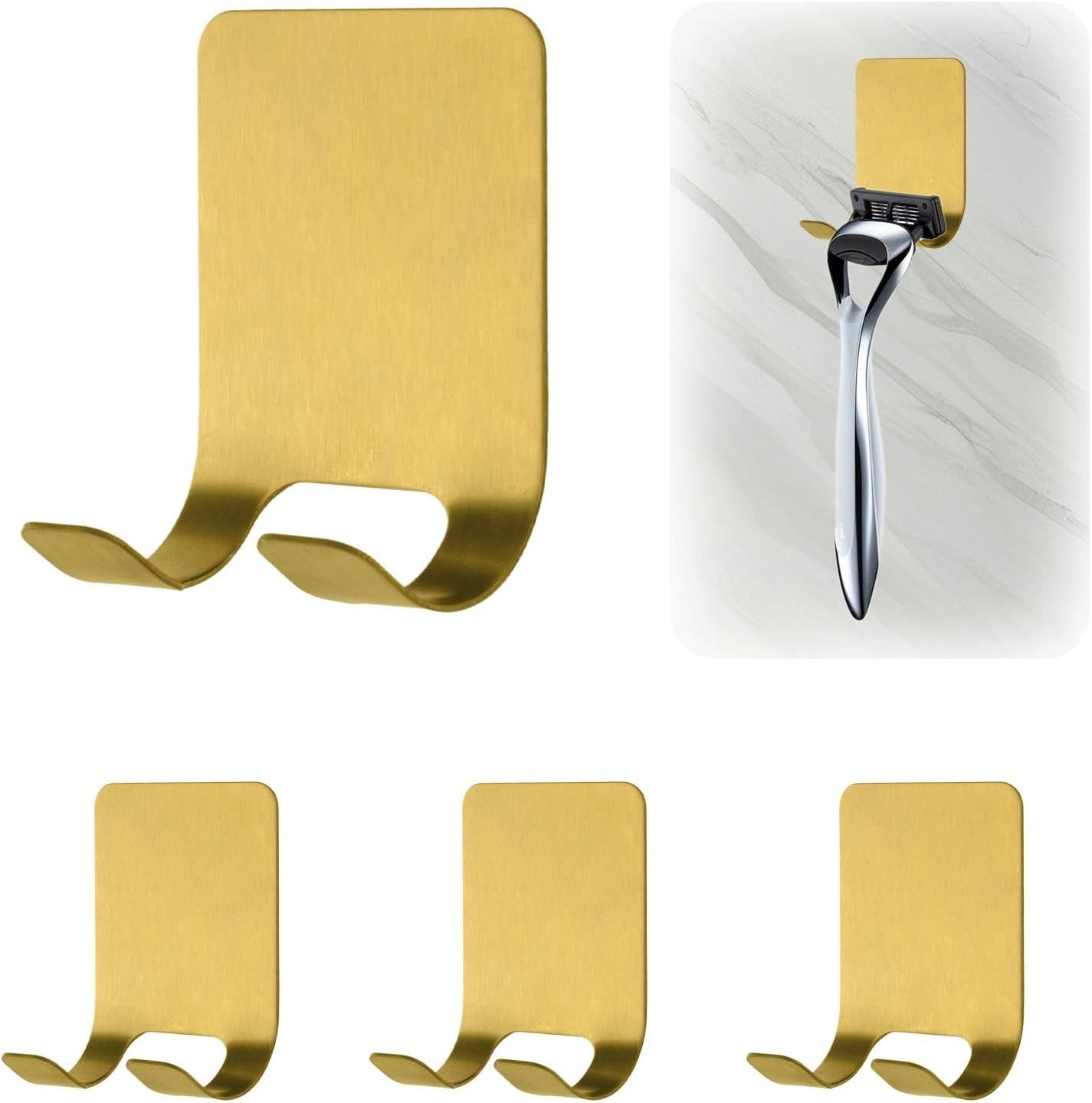 MOROBOR 4 Pcs Adhesive Razor Holder, Gold Shaver Holders Towel Hooks Stainless Steel Waterproof Storage Hook for Towels Bath Accessories for Kitchen & Bathroom