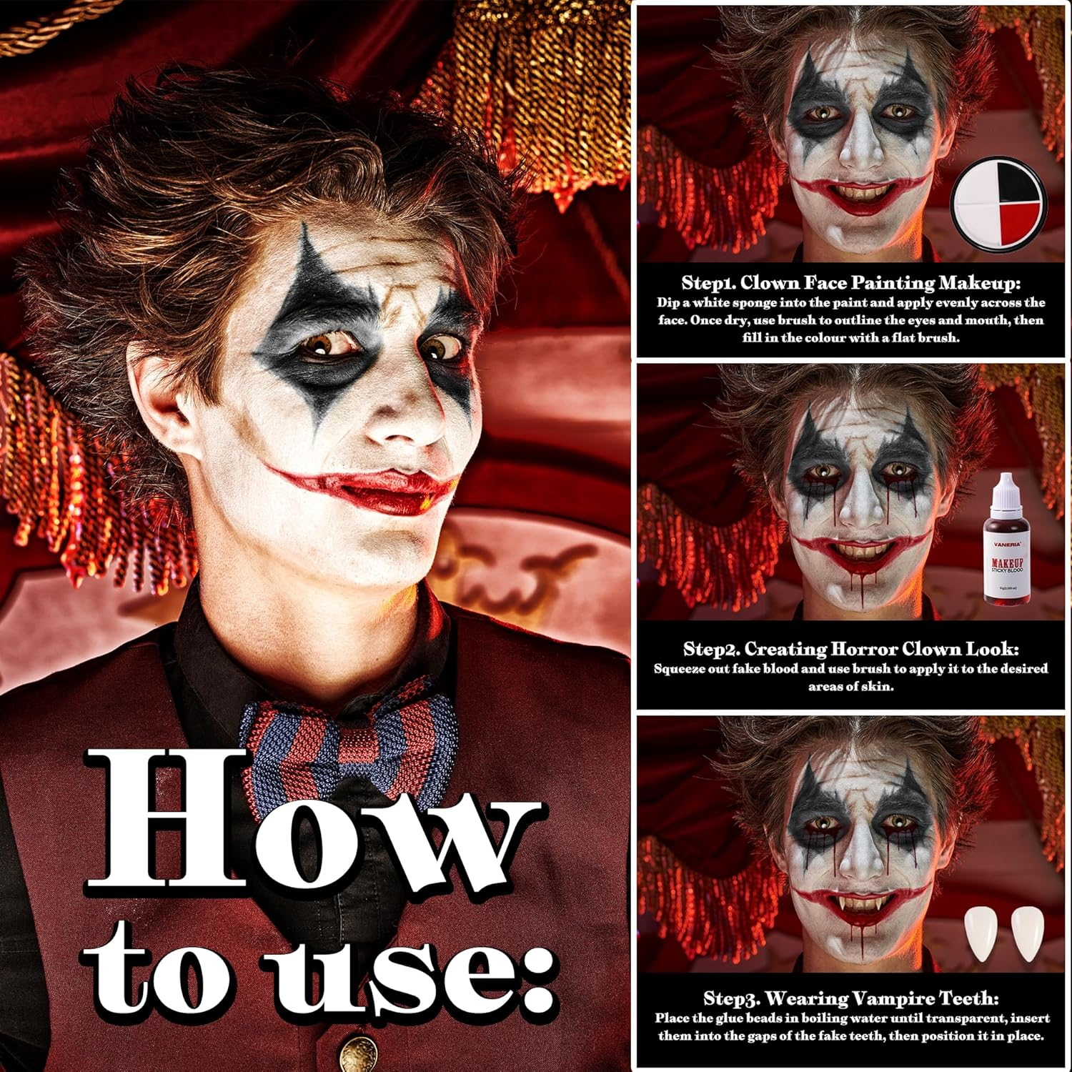 VANERIA Clown Makeup Halloween, Black White Red Cream Face Body Paint for Halloween, SFX Makeup Set with Vampire Teeth & Fake Blood, Clown Art Theater with Brushes image number 3