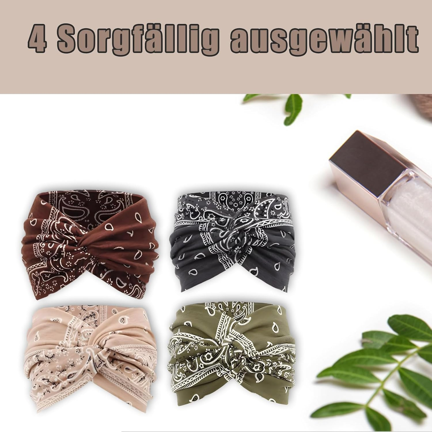 Women'S Hair Bands, Pack of 4, Boho Hair Bands, 22 X 10 Cm, Cotton, Soft Headscarves for Yoga, Sports and Summer (Grey, Brown, Beige, Green) image number 1