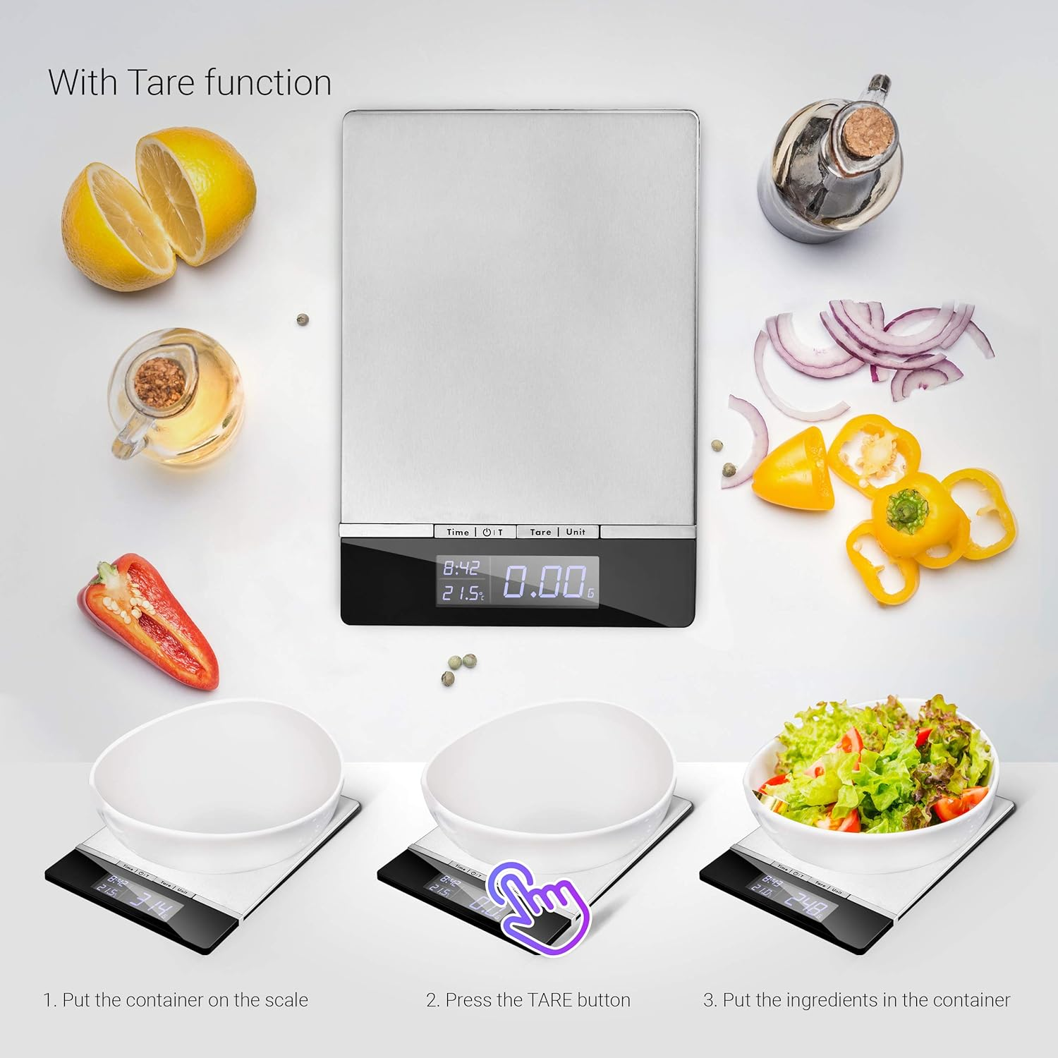 Venga! High Precision Digital Kitchen Food Scale, Weighs up to 5Kg in Steps of 1 G, Stainless Steel Cover, with Ambiance Temperature Sensor and Clock, Black/Stainless Steel, VG EKS 3000